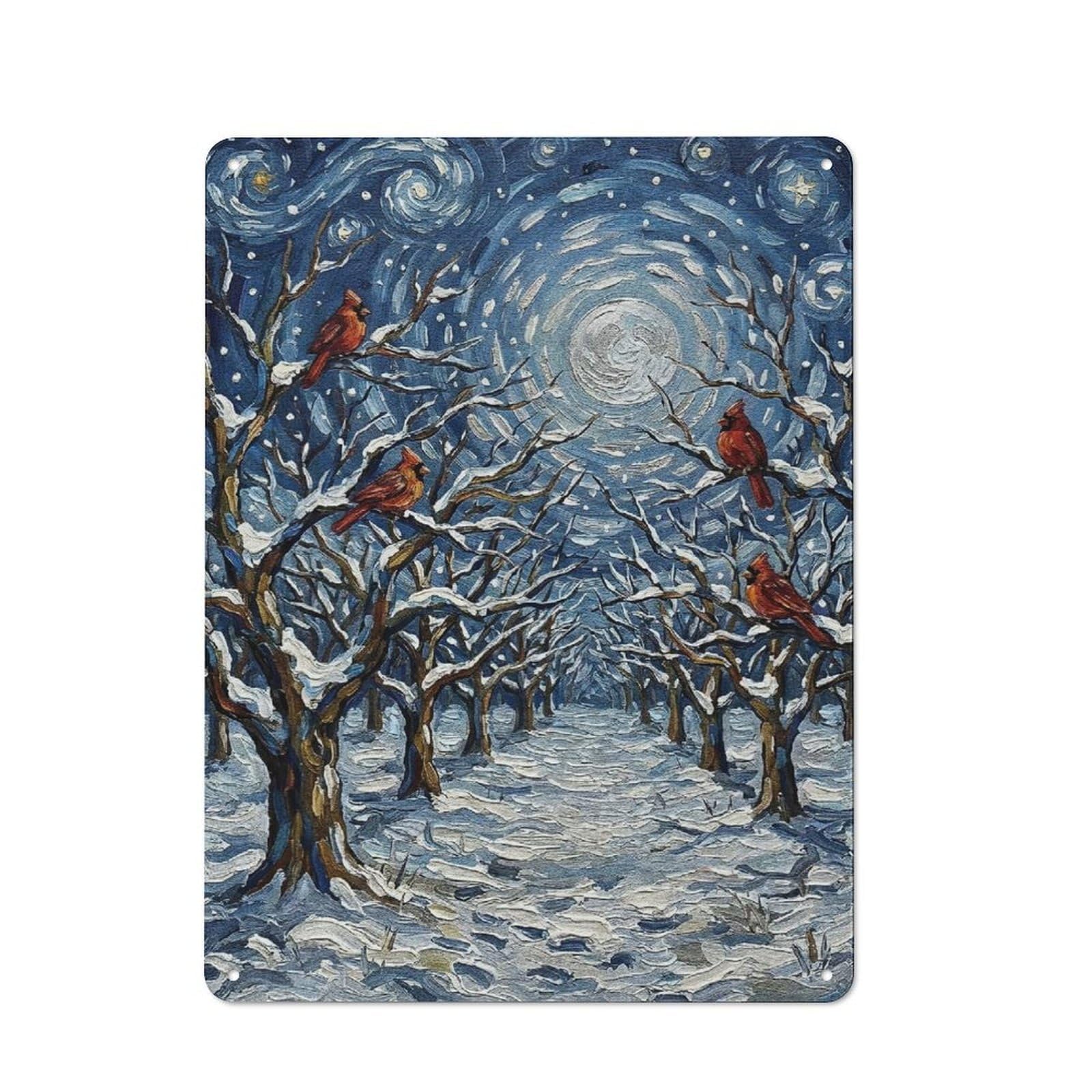Junmoney Style-19 Decorative Tin Plaque With Winter Cardinals In Snowy Forest Painting Design 40X30cm, Nostalgic Home Bar Decor For Bar, Kitchen, Garage Or Games Room