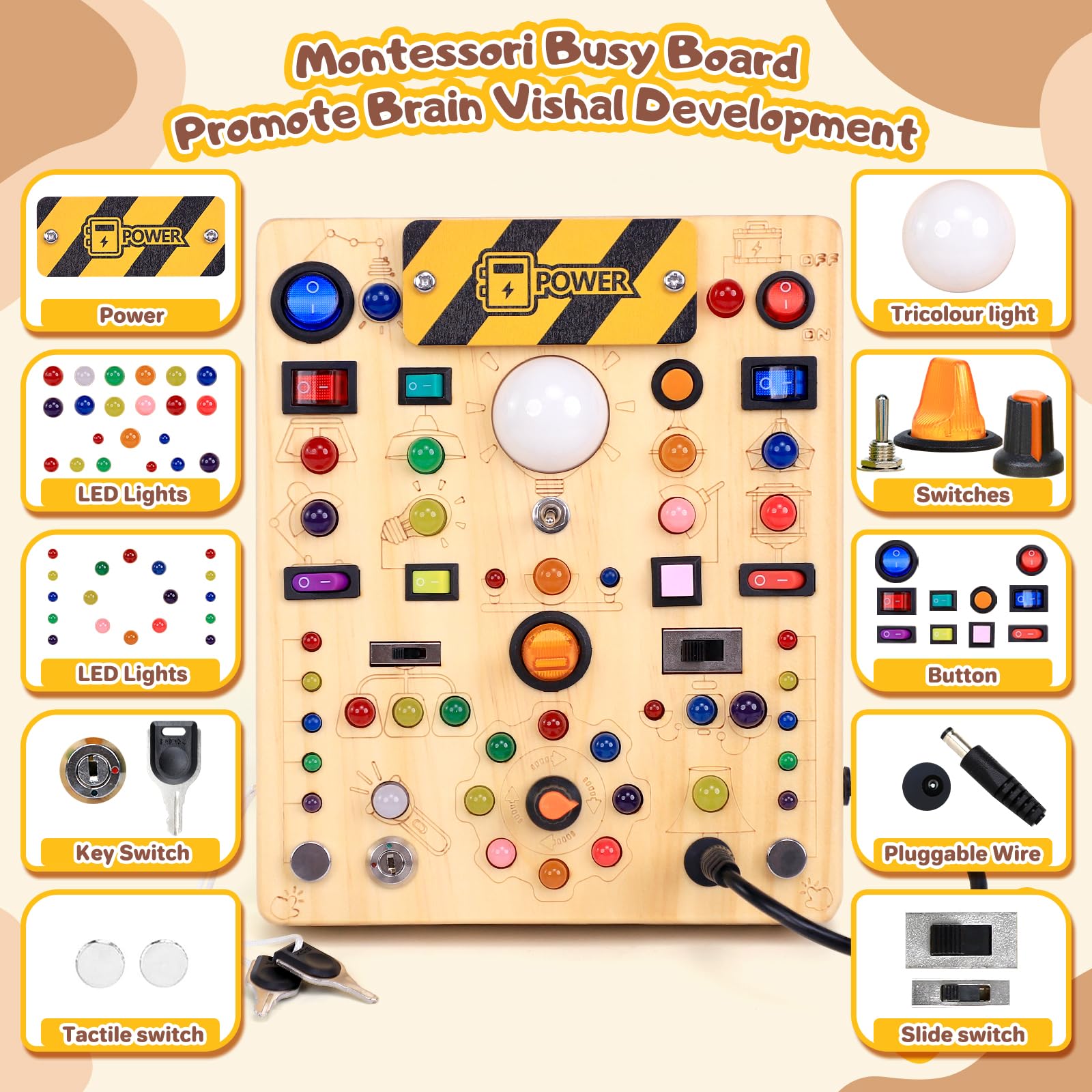 Busy Board con interruttori della luce a LED, giocattoli Montessori per ragazzi di 1, 2 e 3 anni, tabella delle attività sensoriali giocattolo in legno per ragazzi e ragazze di 1+ anni (19
