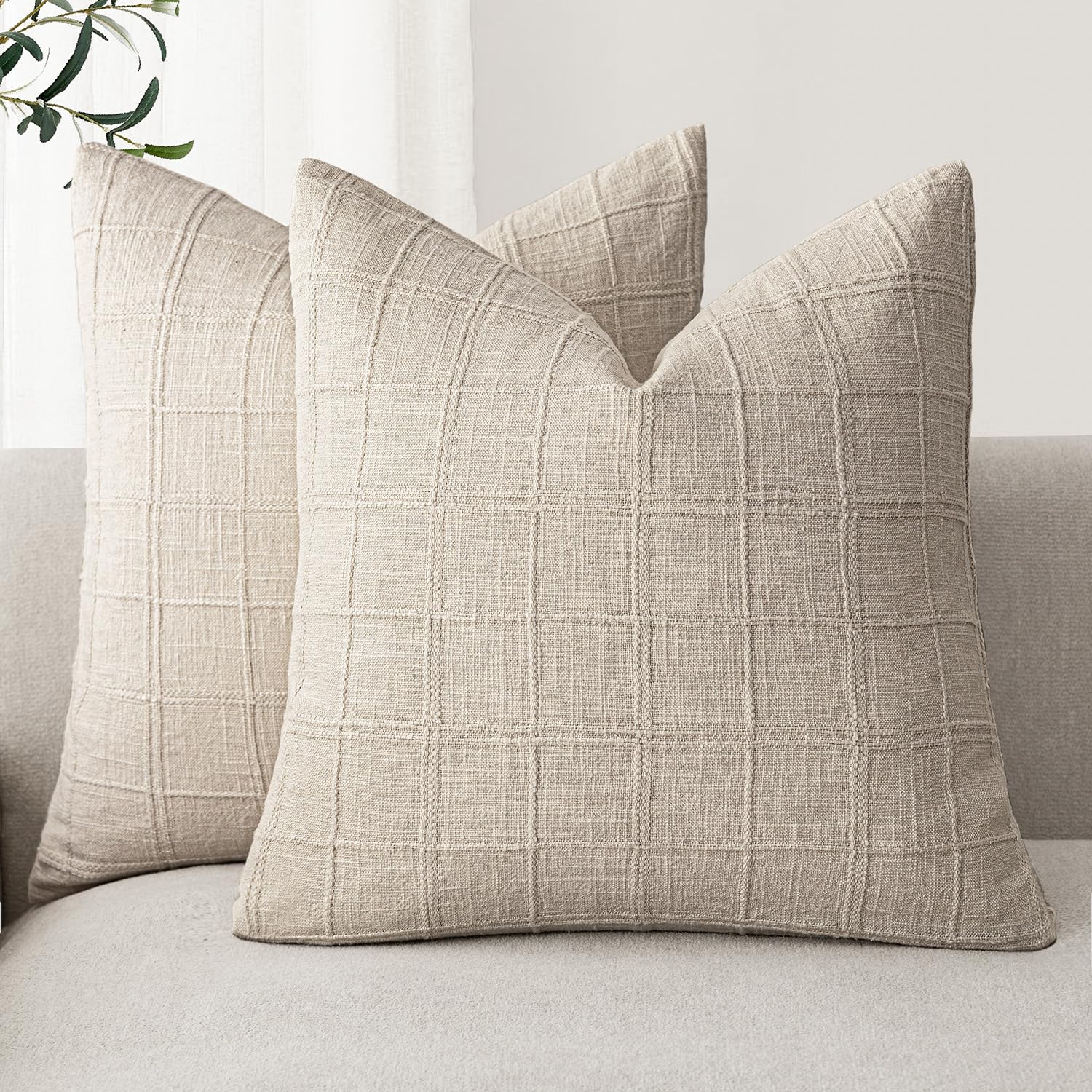 Foindtower Linen Check Decorative Throw Pillow Covers 26×26 Natural Linen