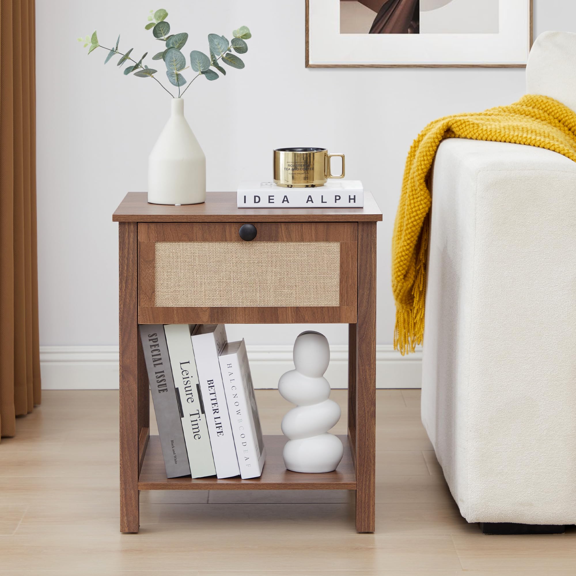 Moderner Nachttisch aus Holz und Leinenstoff – Holzrahmen, reichlich Stauraum, platzsparender Nachttisch mit Regalen und