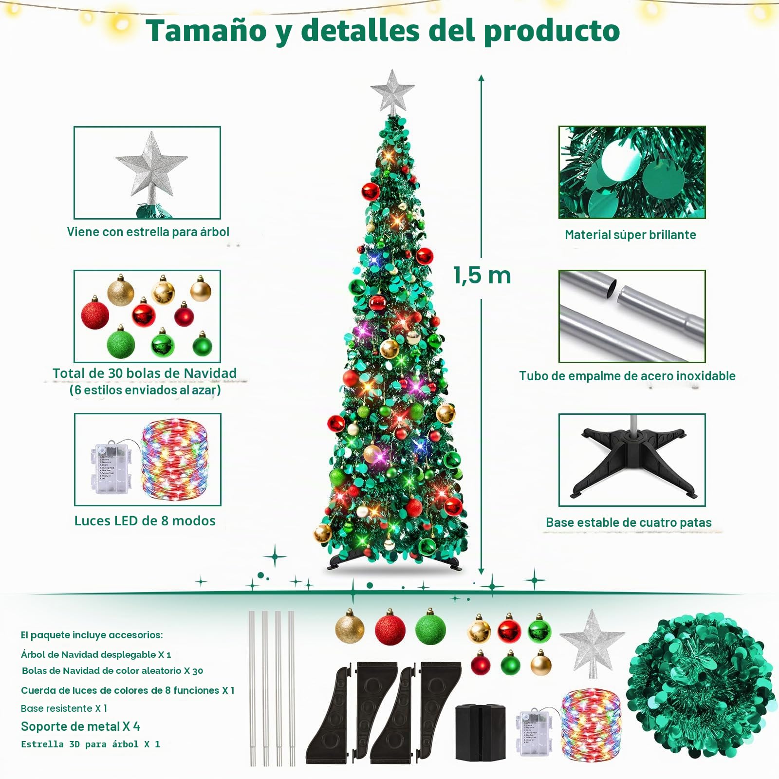 MACTING - Árbol de Navidad nevado Plegable de 1,5 m con Soporte, costero, para Decoraciones navideña, exhibición del hogar, decoración de Oficina