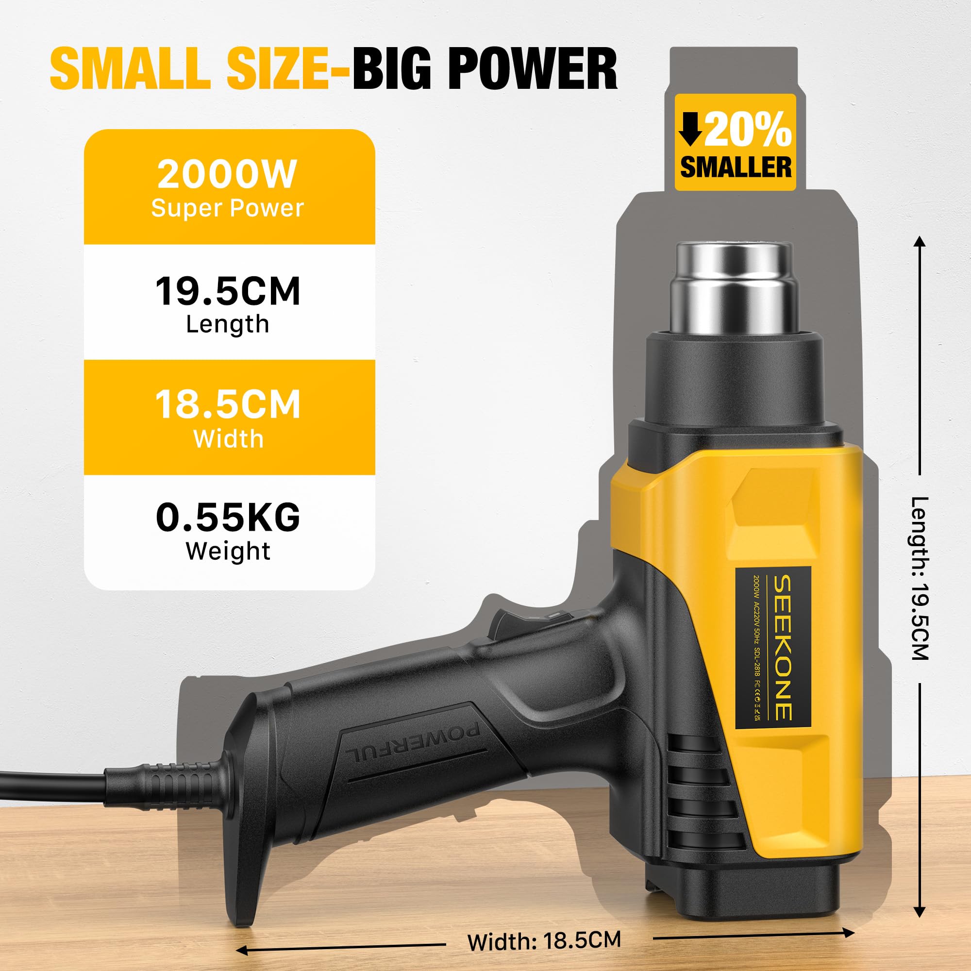 SEEKONE Pistolet na gorące powietrze 2000 W z cyfrowym wyświetlaczem LCD, regulacja temperatury i przepływu powietrza od 50°C do 650°C, z zabezpieczeniem przed przeciążeniem, idealny do majsterkowania