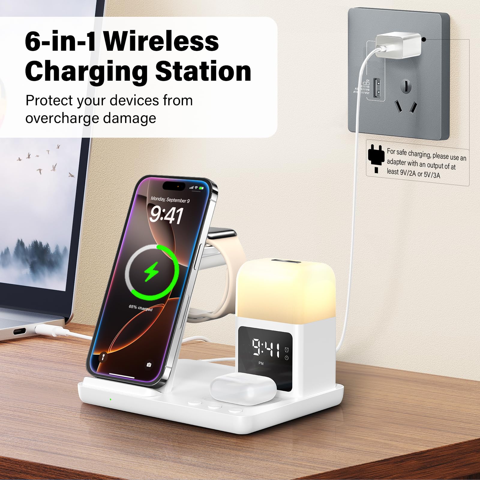 Caricatore Wireless Con lampada notturna e sveglia,6 In 1 Caricabatterie Wireless Induttiva Compatibile Con iPhone 16 15 14 13 12 11 XS/XR/X/8/8 Plus, Apple Watch, AirPods 4/3/2/Pro