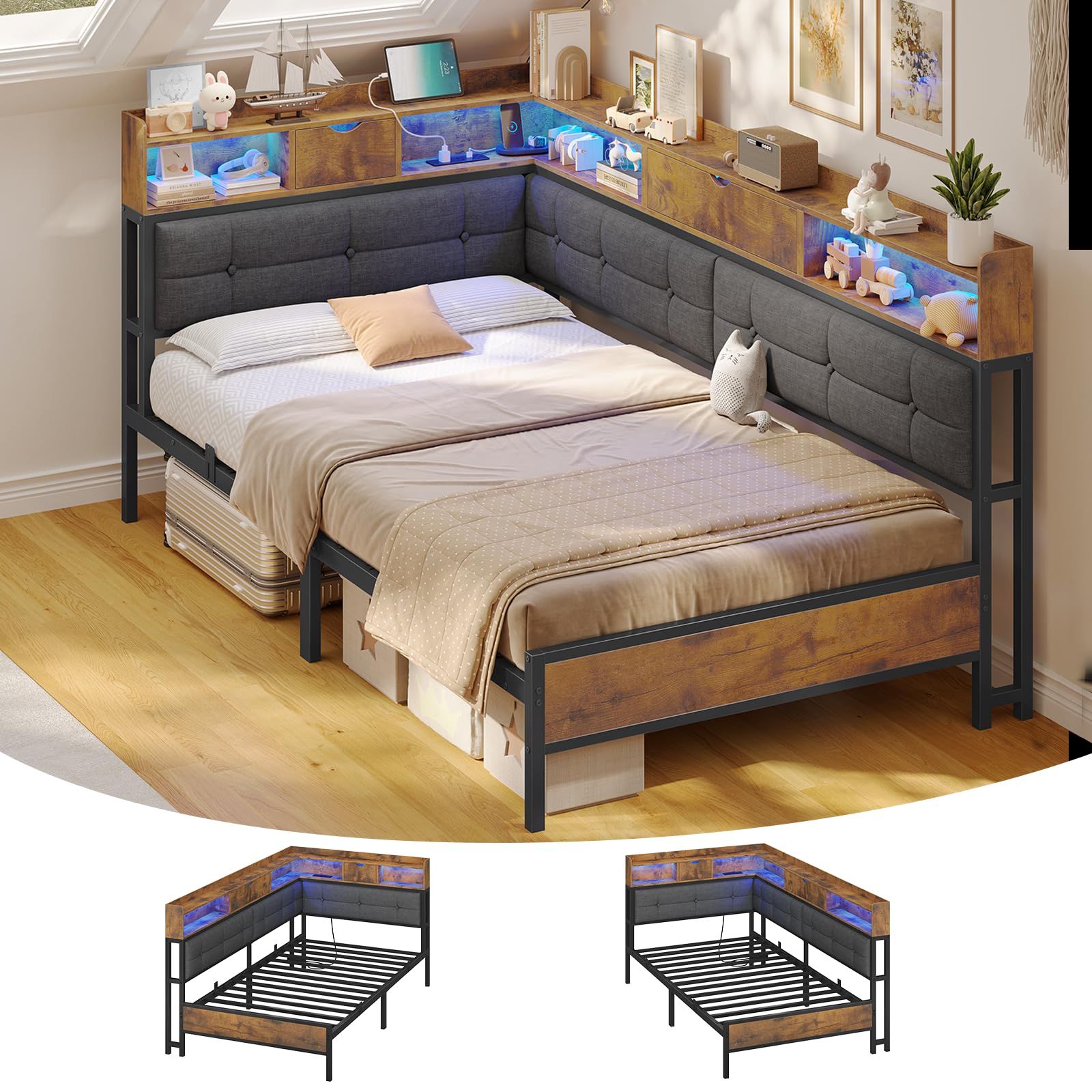 AOGLLATI 3ft Single Bed Frame with Storage (Grey, 3ft Single-90x190cm)