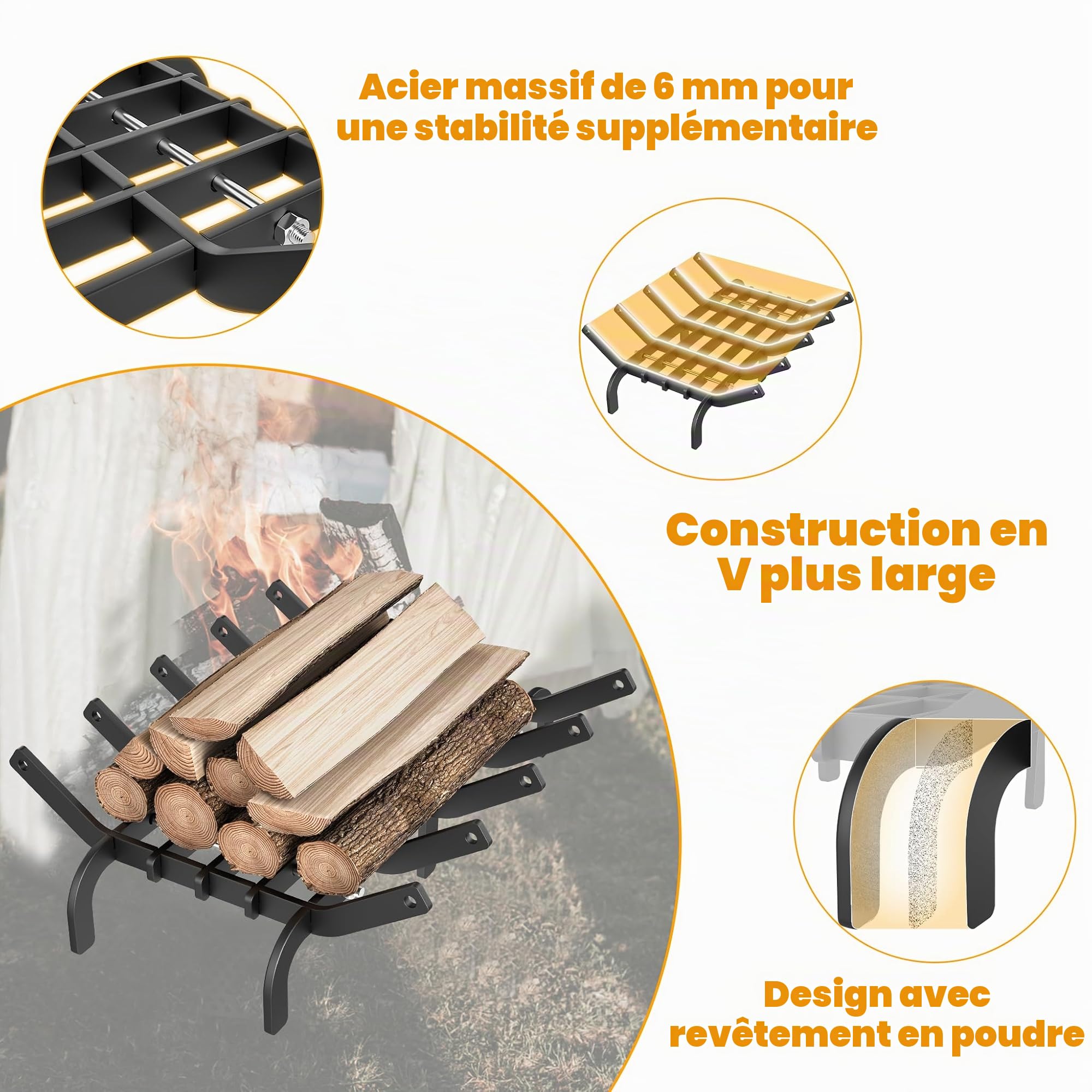 LZQ Rost à bois en acier à haute teneur en carbone pour cheminée, Rost à bois pour poêle à bois 41 x 31 x 11 cm, support à bois à combustion, rost à feu avec pieds, capacité de charge jusqu'à 50 kg