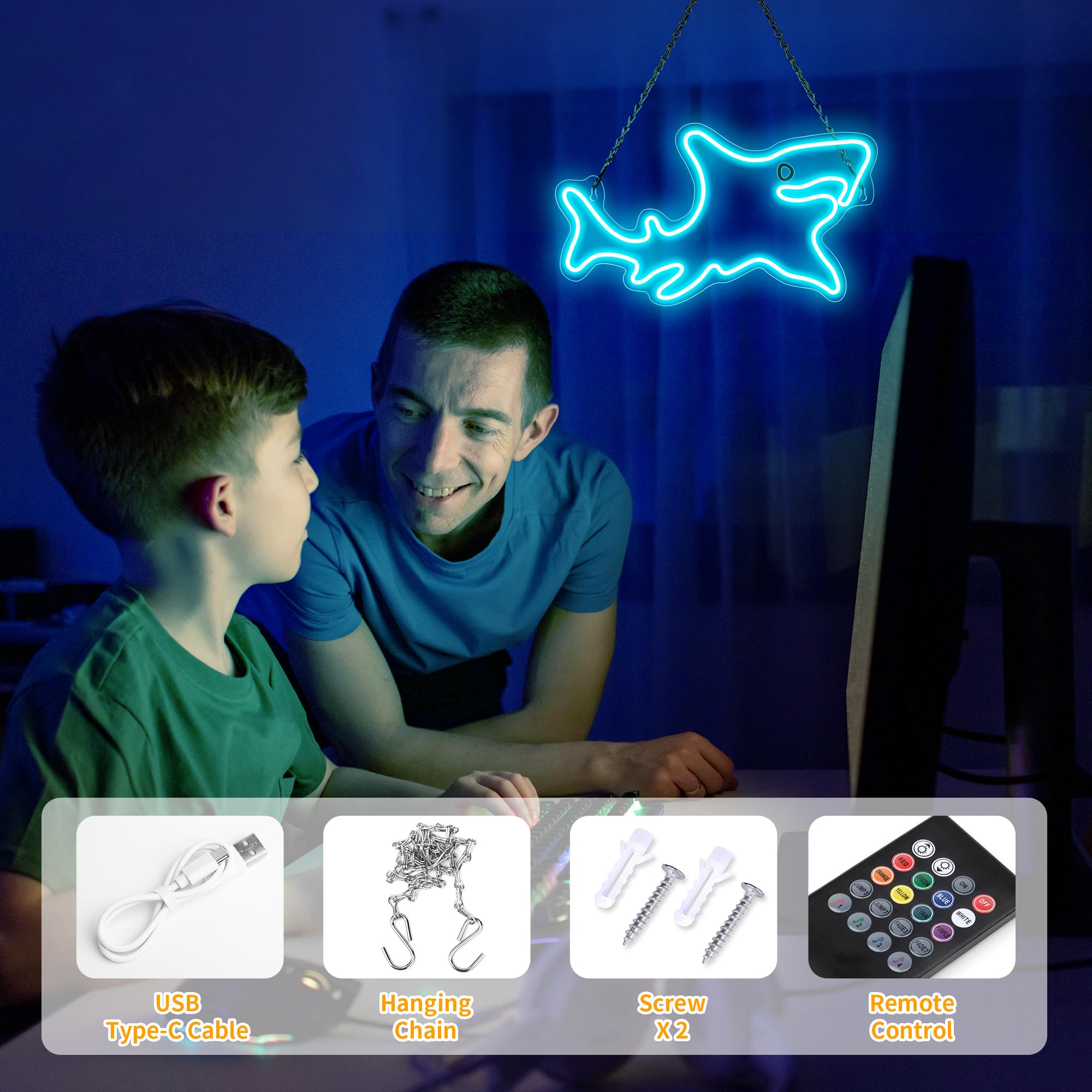 Elstey Letrero de neón de tiburón, luces LED RGB de neón con control remoto, luces acrílicas de tiburón para decoración de pared, letrero iluminado para regalos de Navidad, dormitorio, decoración de