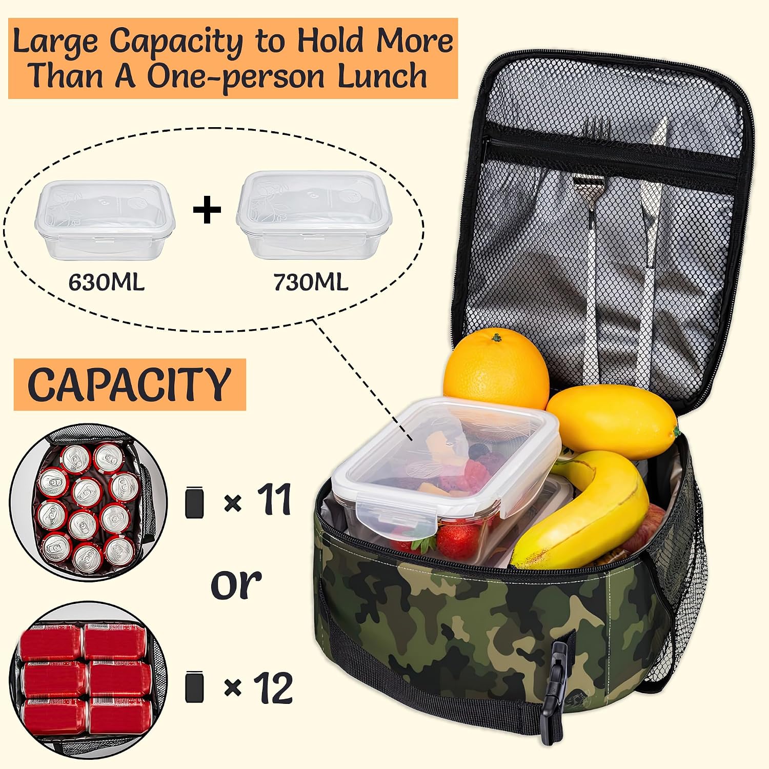 Camouflage Lunch Bag for Kids,Army Green Insulated Lunch Box for Women, Large Capacity with Mutiple Pockets Gilrs Boys School Thermal Bag for Work,Picnic,Hiking