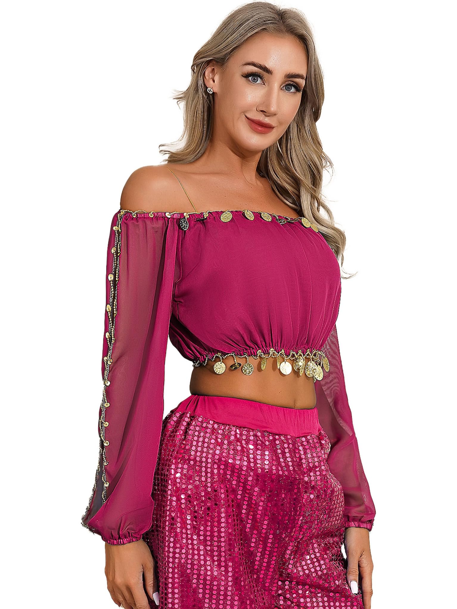 TTAO Costume Danse du Ventre Femme Robe Danse Orientale Haut de Dance Classique Manche Longue et Pantalon Déguisement Indien Princesse Costume Carnaval Halloween