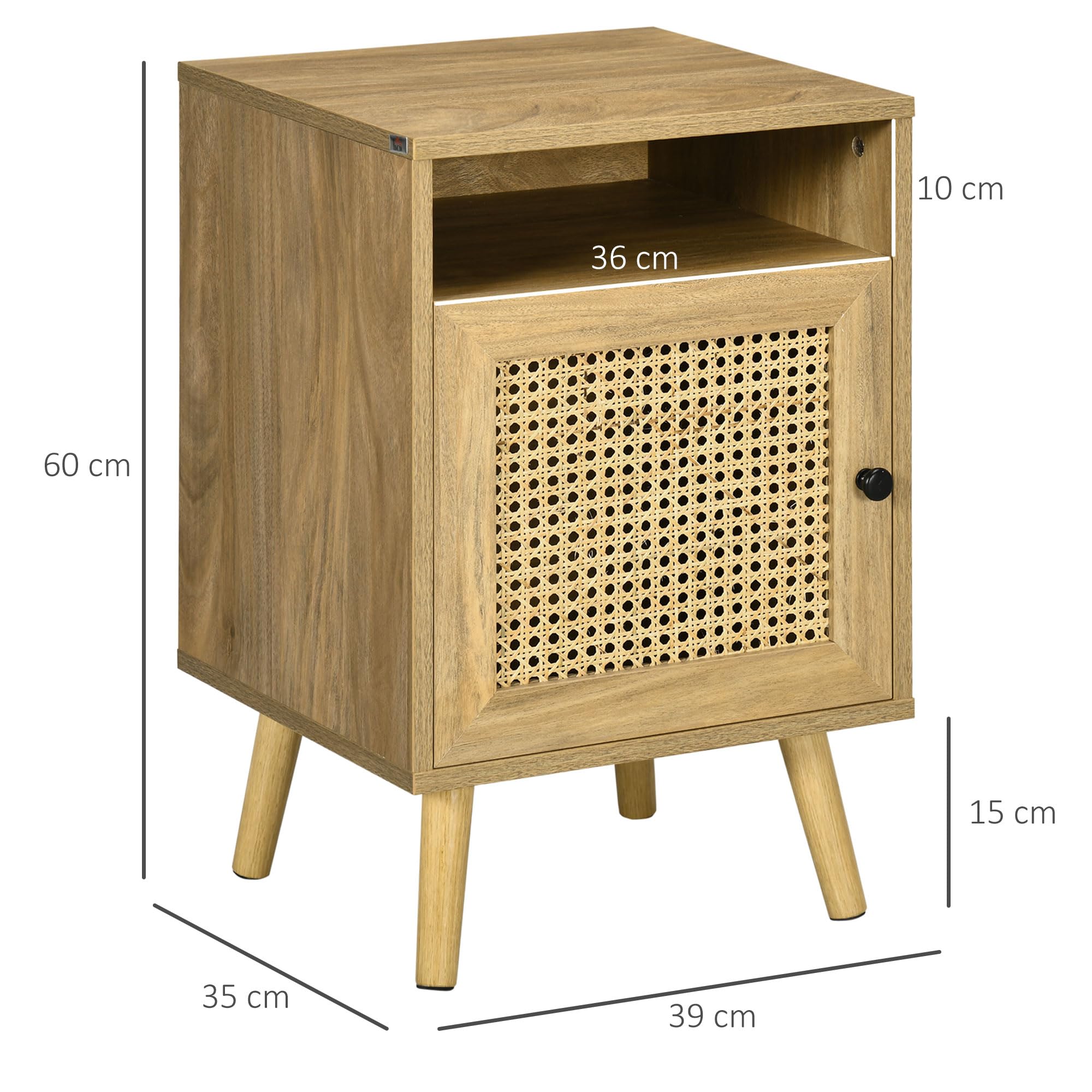 HOMCOM Juego de 2 Mesitas de Noche con Puerta de Ratán Mesillas de Noche con Estante Abierto Mesas Auxiliares para Dormitorio Salón 39x35x60 cm Natural