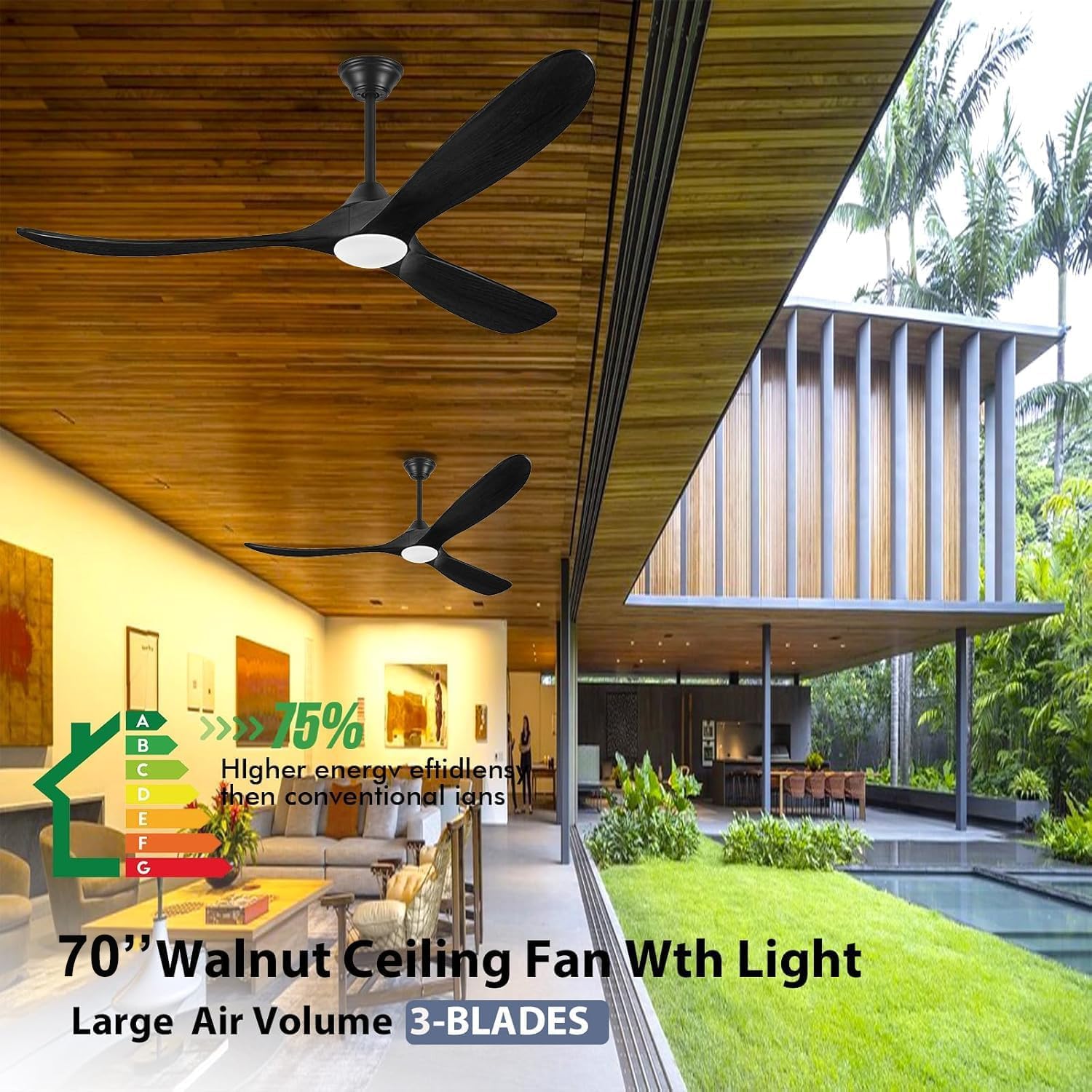 Ventilatori Da Soffitto Per Esterni In Legno Nero Da 178 Cm Con Luce, Moderno Ventilatore Da Soffitto A 3 Pale Con Telecomando, Motore Cc Silenzioso Reversibile