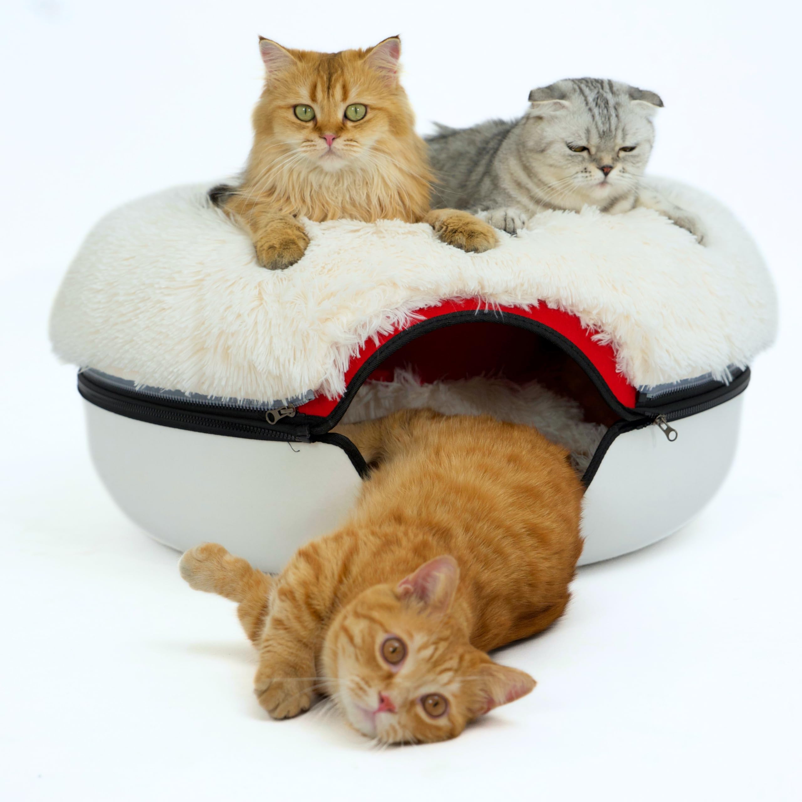 CATTASAURUS Peekaboo Cat Cave for Multiple & Large Cats Up to 30-45 Lbs, Fluffy Cat Beds & Furniture, Scratch Detachable & Washable Tunnel Bed, Comfy