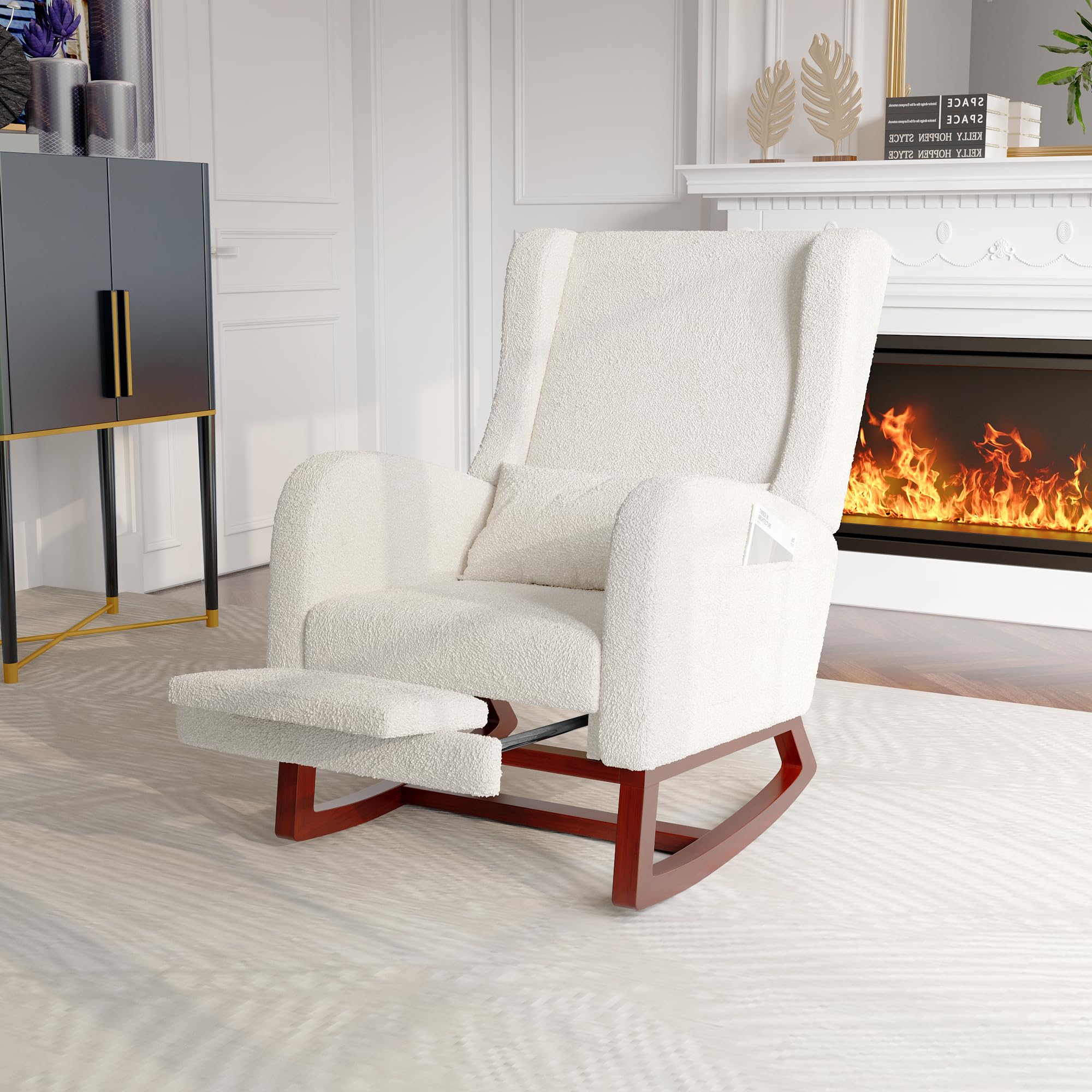 BRILVERDE Mecedora Lactancia, sillón Relax con reposacabezas, Mecedora escandinava con Bolsillos Laterales y Base de Madera Maciza, para salón, balcón, salón (Borreguito con reposapiés, Blanco)