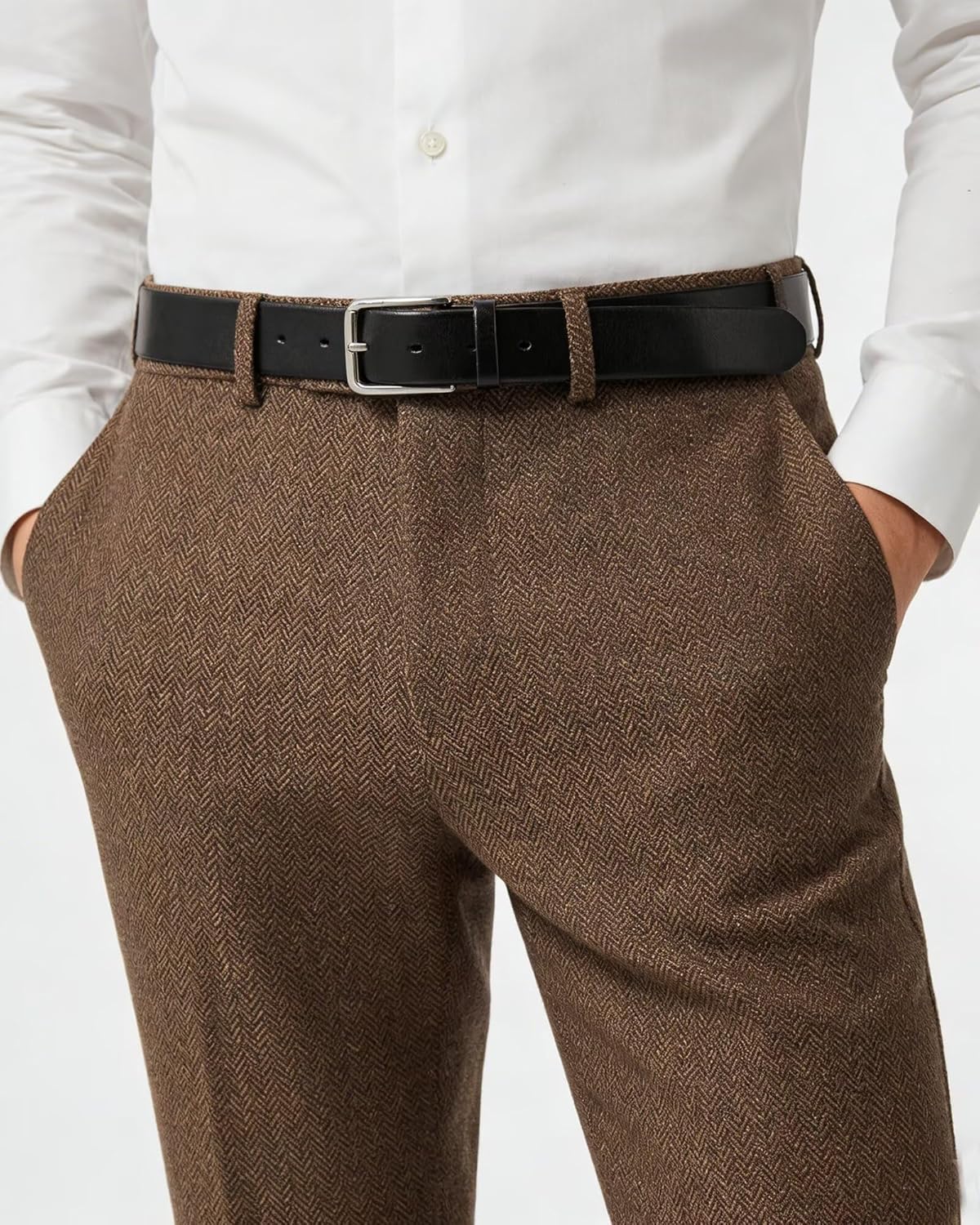 Vintage Mens Pants Tweed Herringbone Slim Fit Dress Pants for Men Suit Trouser Wool Blend Adjustable Slacks Casual Work