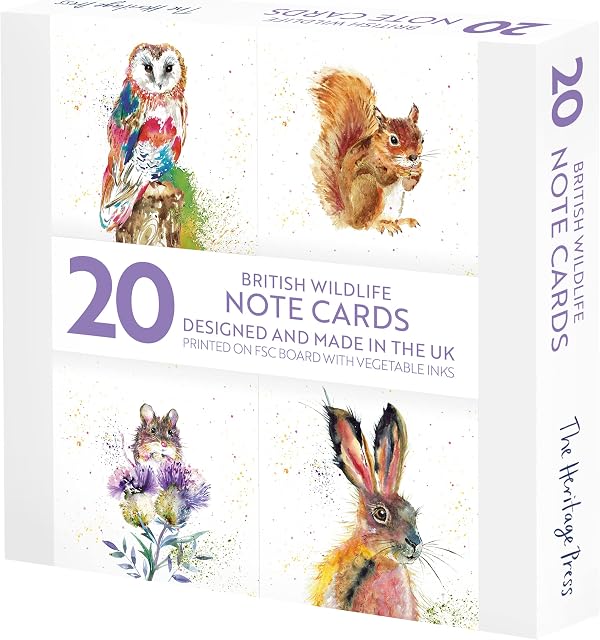 The Heritage Press 20 Note Cards with Envelopes for Family and Friends, Size 150x150mm - watercolour British Wildlife Designs - Hare Owl Squirrel Mouse- Eco-friendly, Made in UK - Pack of 20