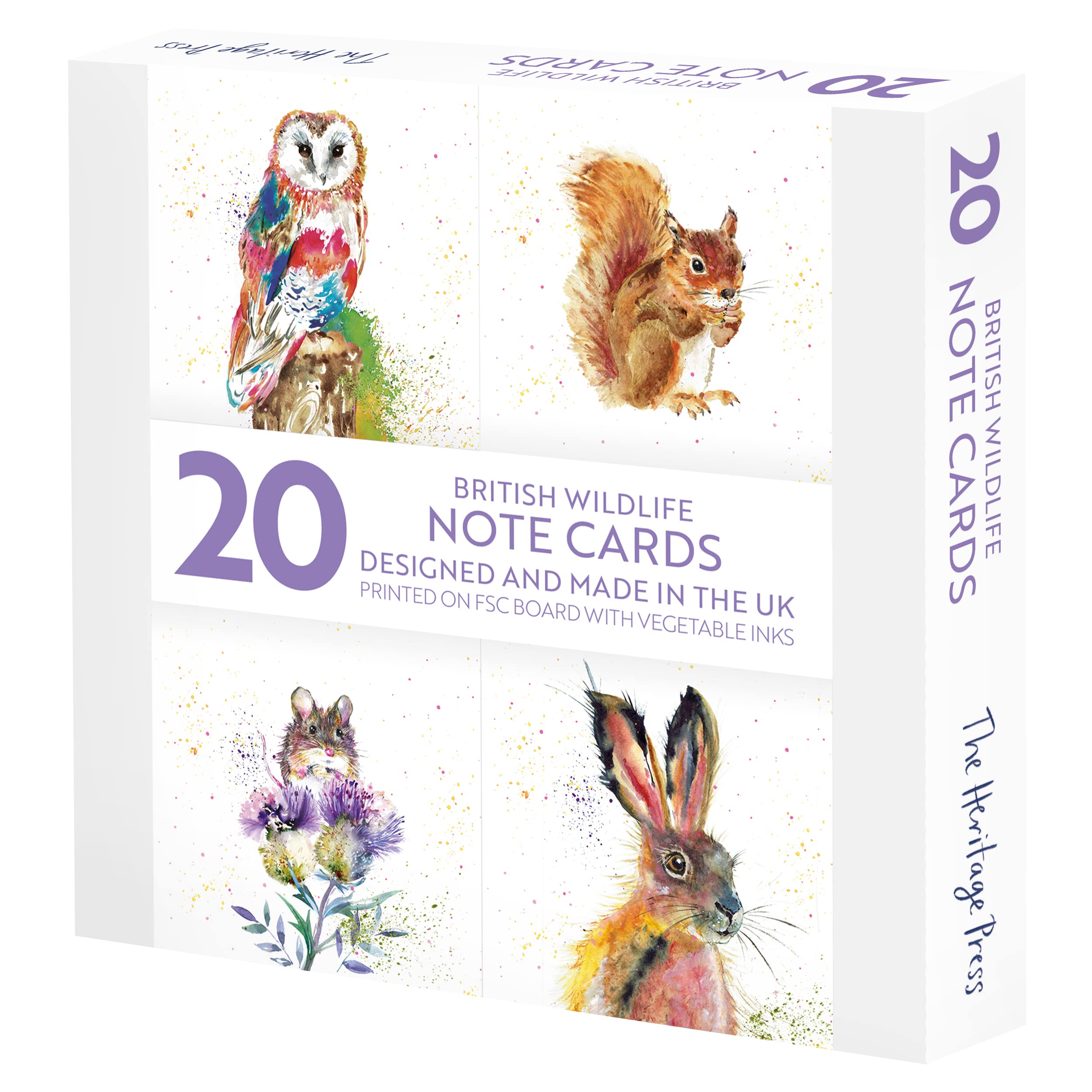 The Heritage Press 20 Note Cards with Envelopes for Family and Friends, Size 150x150mm - watercolour British Wildlife Designs - Hare Owl Squirrel Mouse- Eco-friendly, Made in UK - Pack of 20