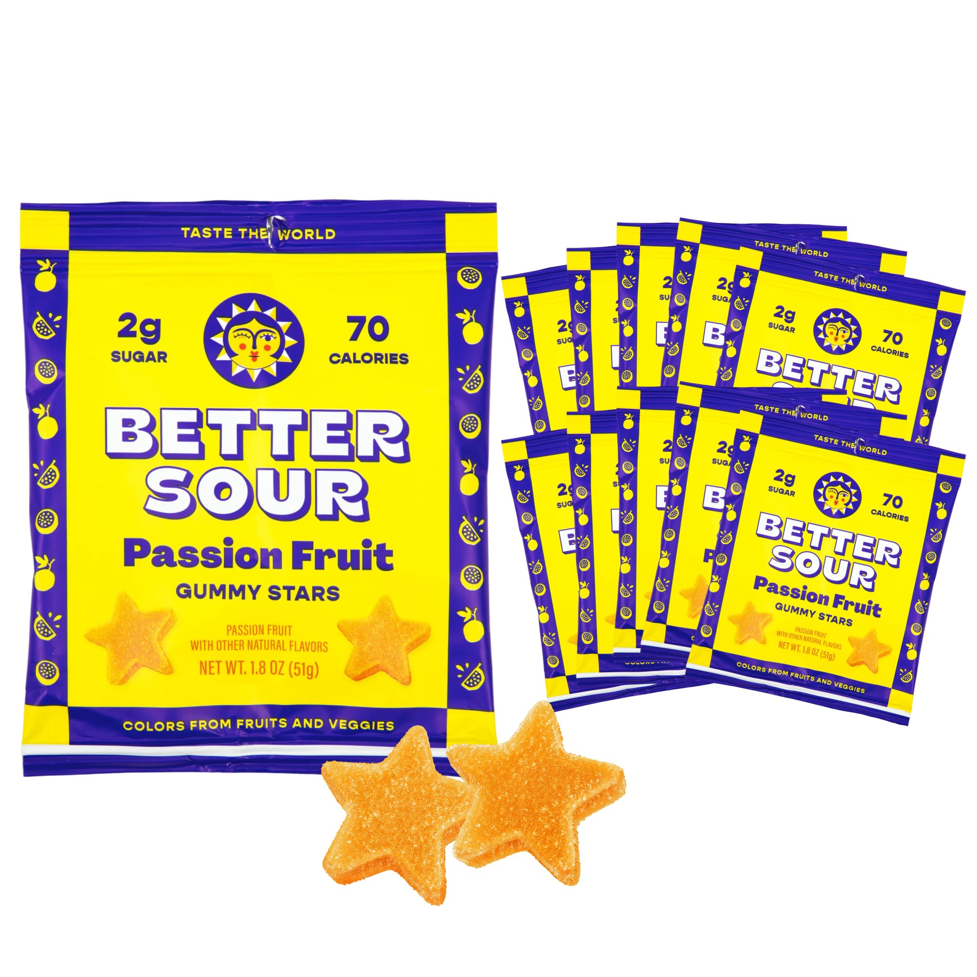 Passion Fruit Gummy Stars Candy Naturally Flavored Plant-Based Low Sugar 2g/70 cal per 1.8oz Bag Healthy Sour Gummy Candy Healthy Treats for Teens & Adults (Pack of 10)