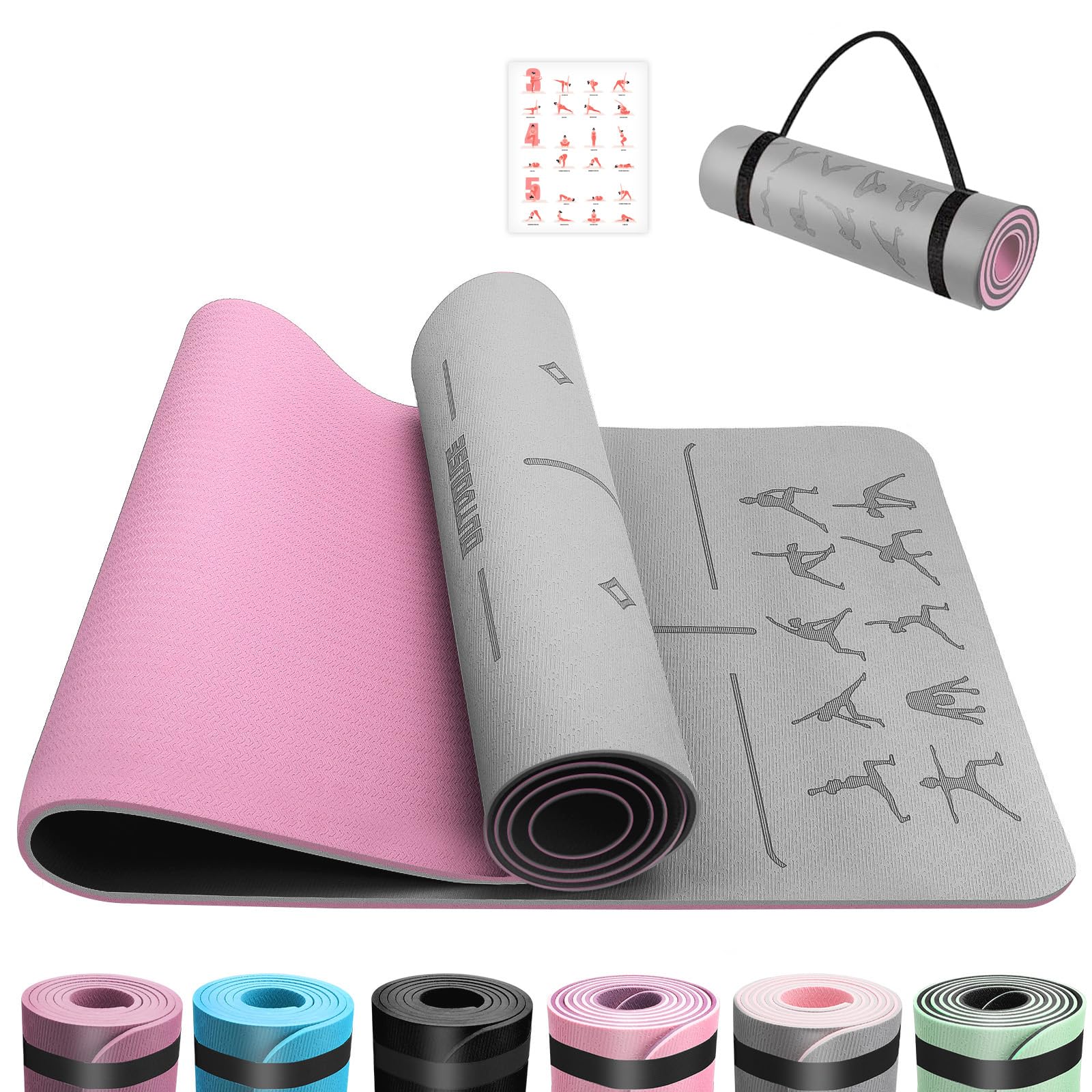 OUTDOUSE Yoga Mat with Alignment Lines,TPE 6mm Sports Exercise Mat,Non-Slip,for Gymnastics,Pilates,Home, Travel,Gymnastics Mat with Storage Straps,Yoga Mats for Women and Men,183x61x0.6cm