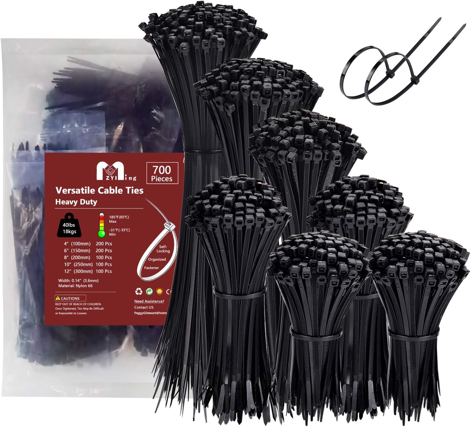 – 700 Pack Cable Ties Assorted Sizes 100/150/200/250/300mm x 3.6mm Black Zip Ties Heavy Duty 18kg Plastic Wire Tie Wraps Mixed for Cables