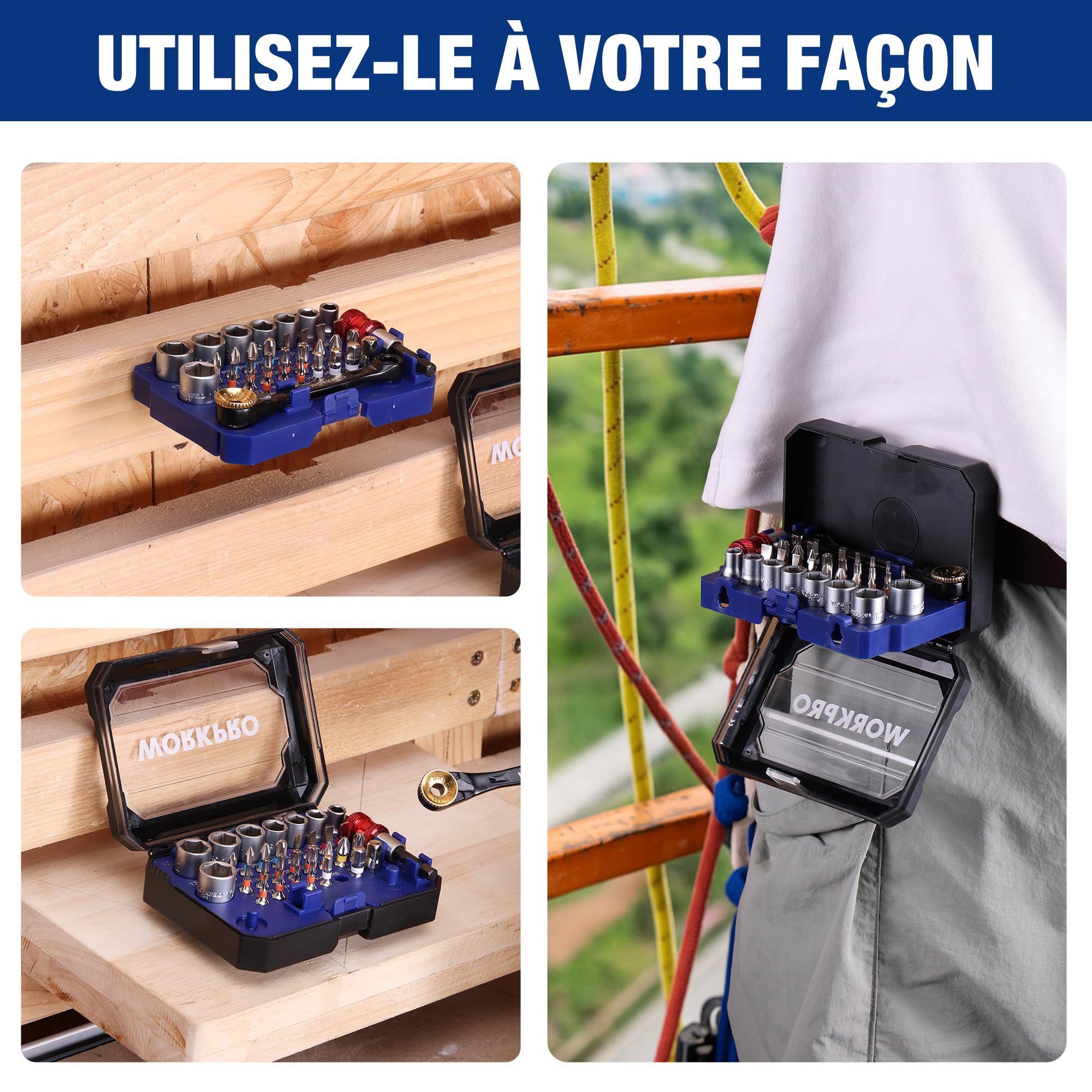 WORKPRO Coffret Douilles et Embouts 34 Pièces, Mini Clé à Cliquet 1/4" Double Tête 3-en-1, Embouts de Tournevis en Acier S2, Porte-Embout Magnétique et Adaptateur, Outils de Réparation pour Voitures