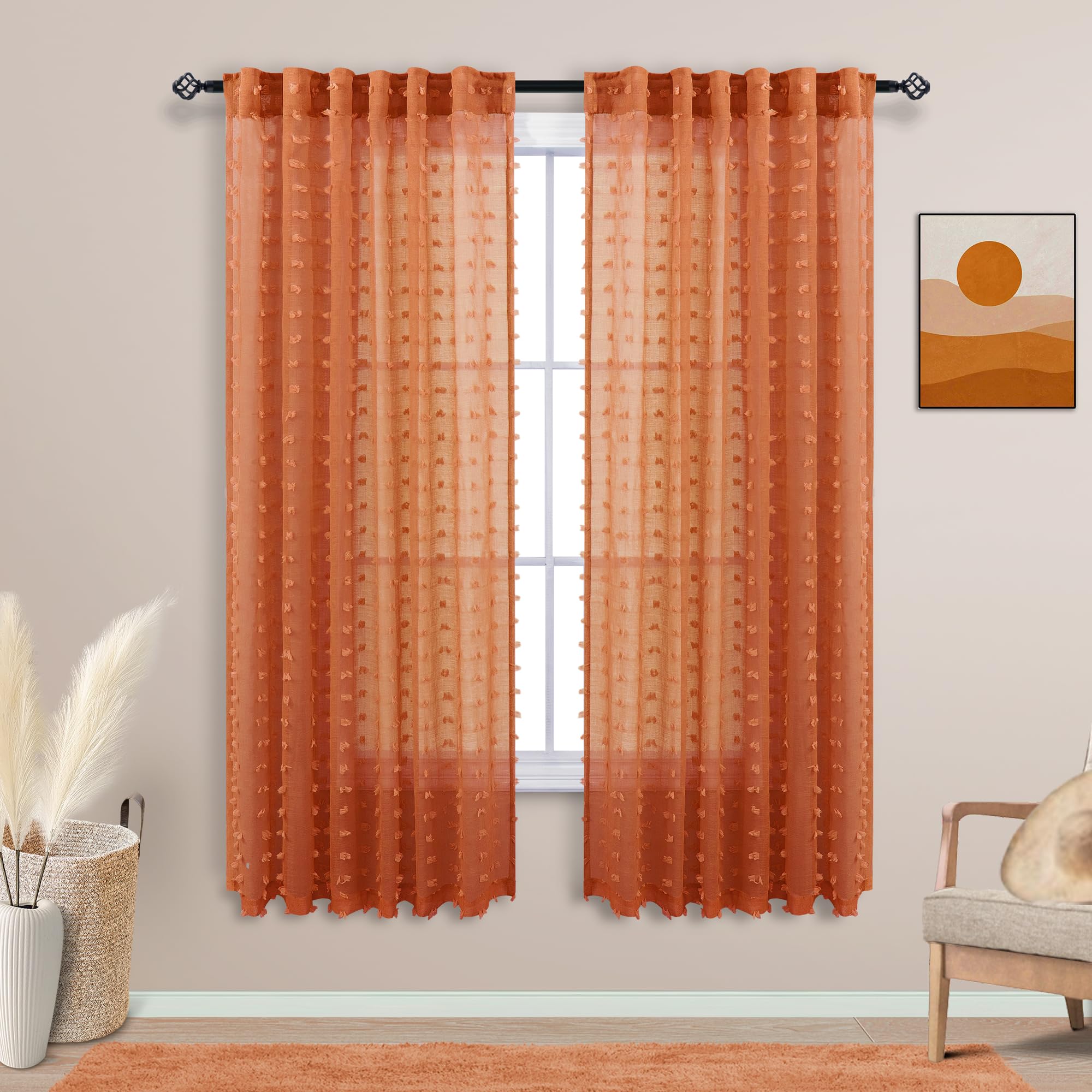KOUFALL Bohemian Sheer Curtains 63 Inches for Kids Room Bedroom 2 Panels Faux Butterfly Pom Pom Sheer Curtains Orange - Image 2