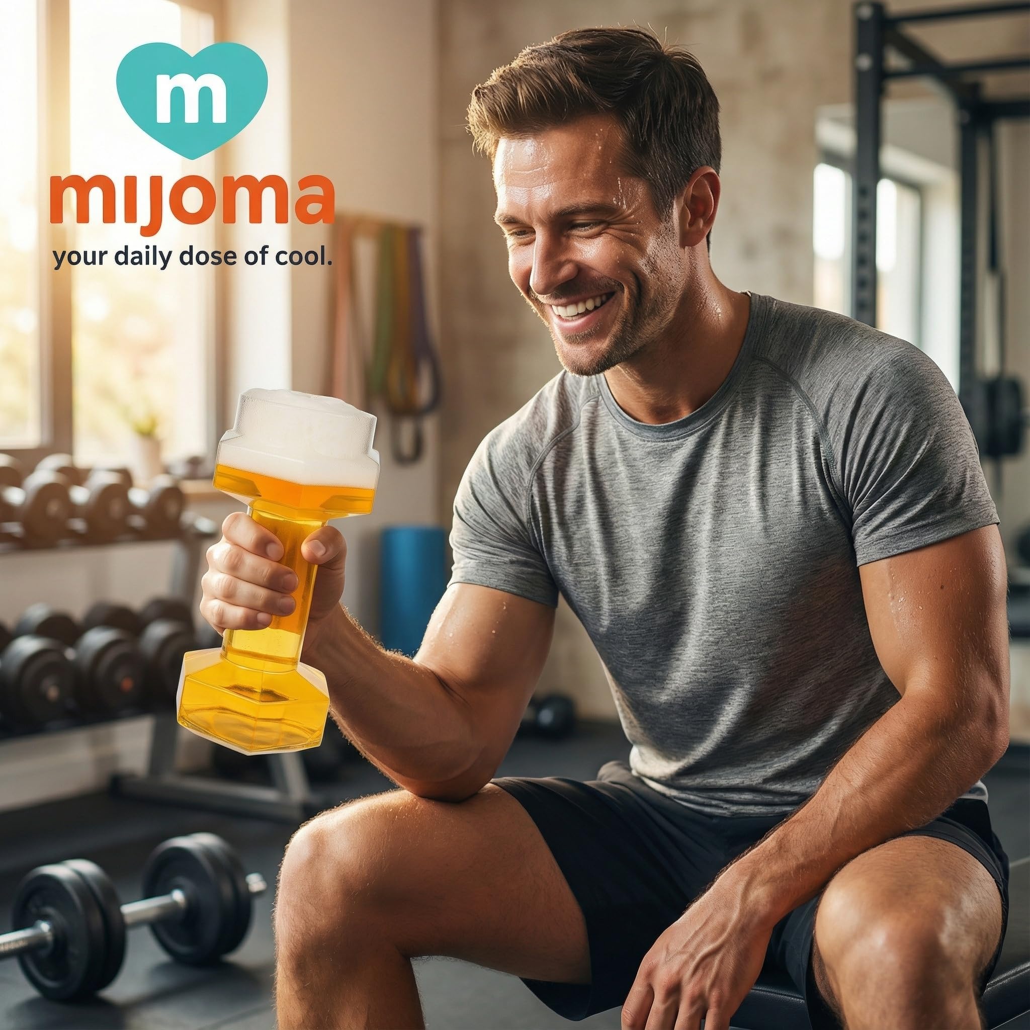 MIJOMA Bicchiere da birra a forma di manubrio, 22 cm – 700 ml – Allenamento casual per sport del bere, manubrio per amici della birra per fitness e feste – Un'avventura birraria per gli amanti del