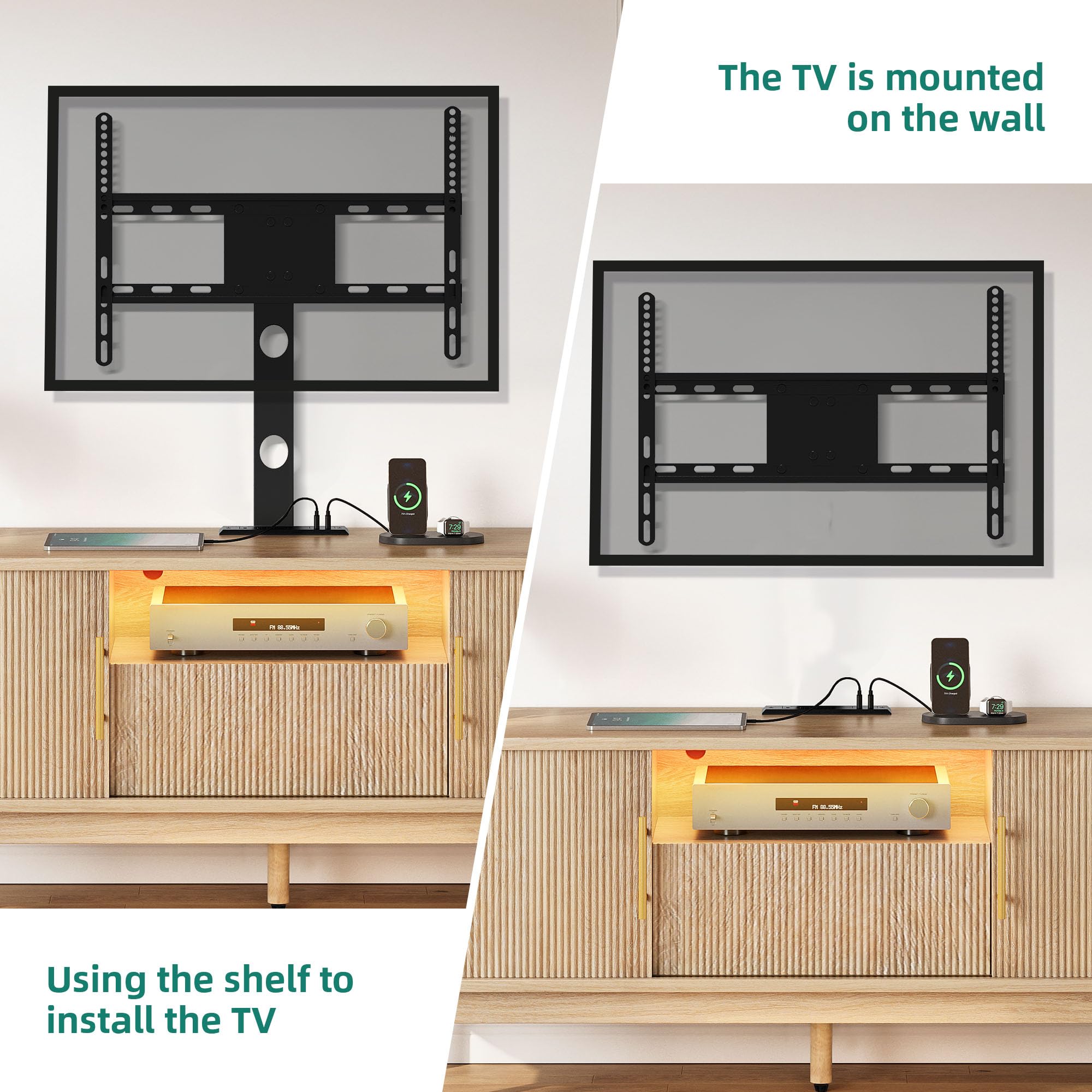 YITAHOME Fluted TV Stands for Living Room with Mount, Modern Entertainment Center for 32-70 inch TVs, LED Curved TV Stand with PowerOutlets & LED Light, Curved Profile Design, Natural Oak