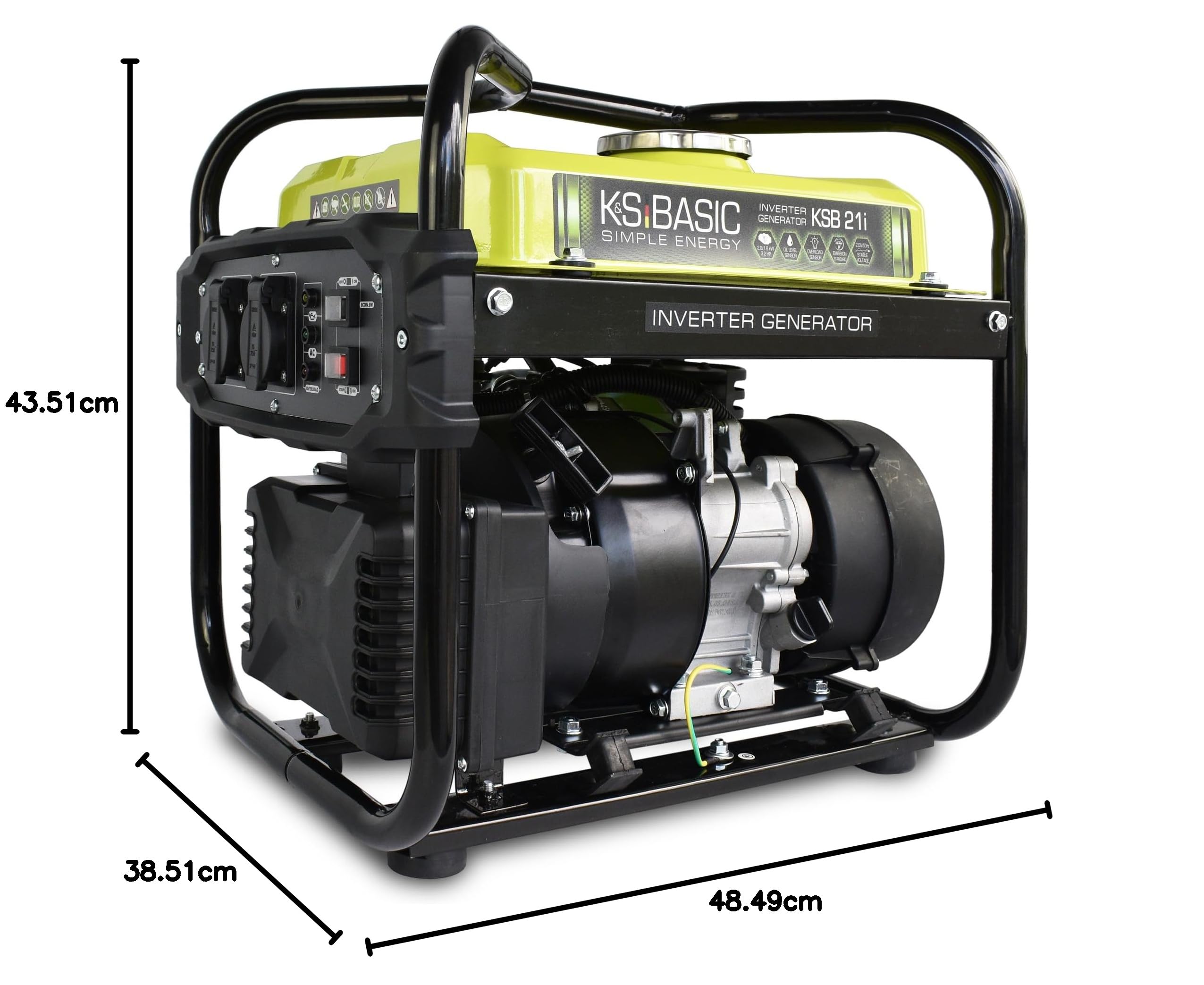 K&S Basic KSB 21i - Generatore di corrente a benzina a 4 tempi, 2,9 CV, con regolatore di tensione automatico, protezione contro la mancanza di olio, norma di scarico EURO V, 2000 W, 2 x 16 A (230 V)
