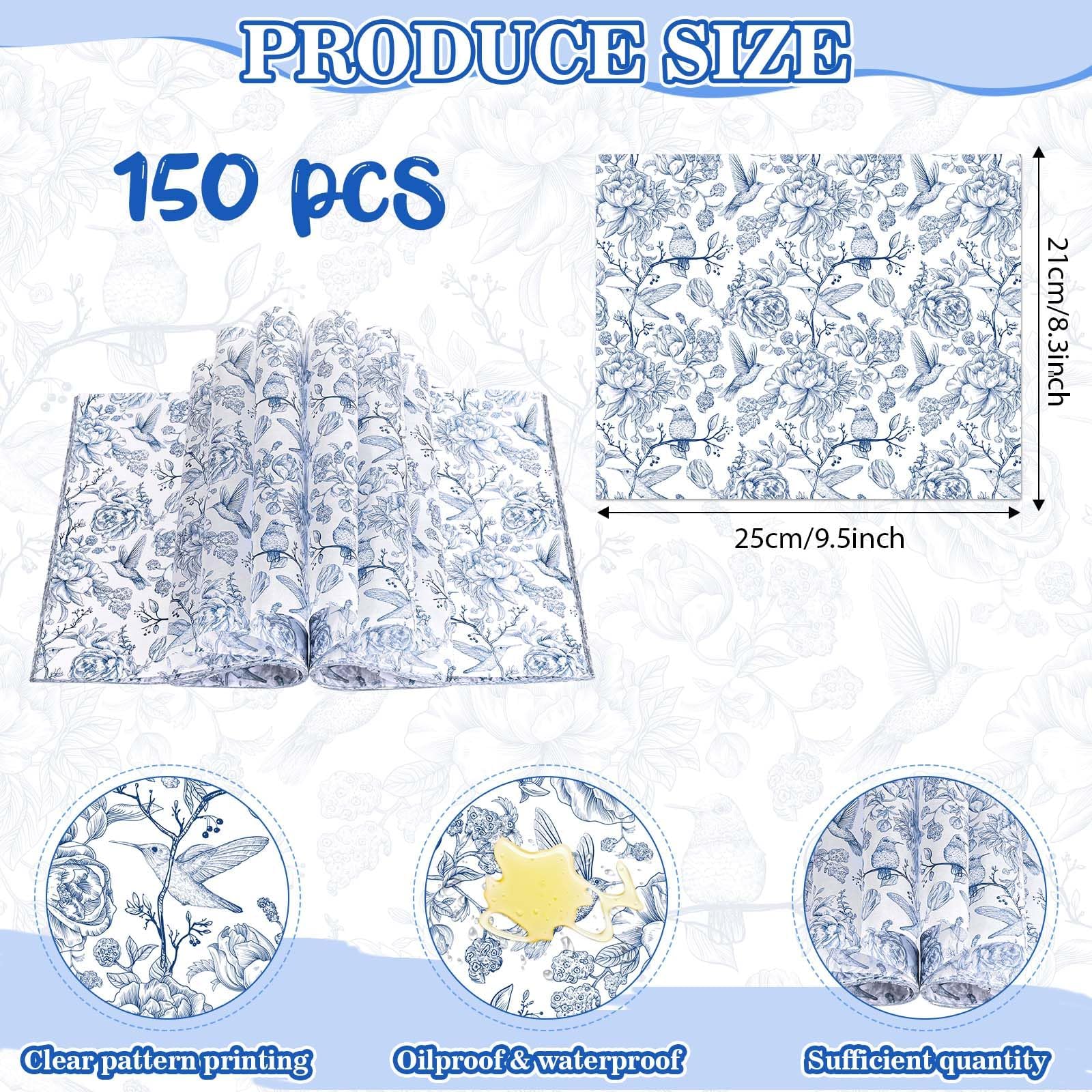 Blaues Delikatpapier, 24,9x21,1 Cm, Chinoiserie Muster – Fettdicht, 150 Blätter, Für Sandwich, Geschenke & Deko