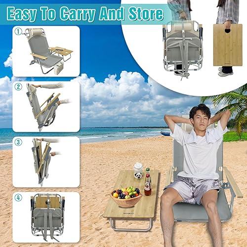 Miniatura 7 de Silla de playa plegable de aluminio de 5 posiciones con mesa de camping Samll, silla de salón plana de bambú para exteriores para adultos con bolsa