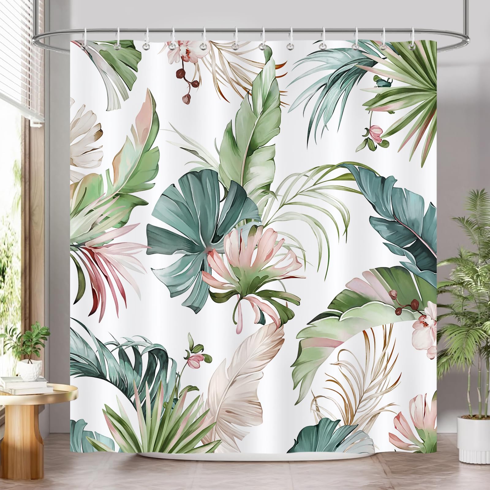 COZZSNUGE Tropical Leaves Shower Curtain, Sage Green Pink Palm Leaf Monstera Plant Nature Summer Bathroom Curtain 180 x 180 cm, Water Repellent Mildew Resistant Polyester with 12 Hooks