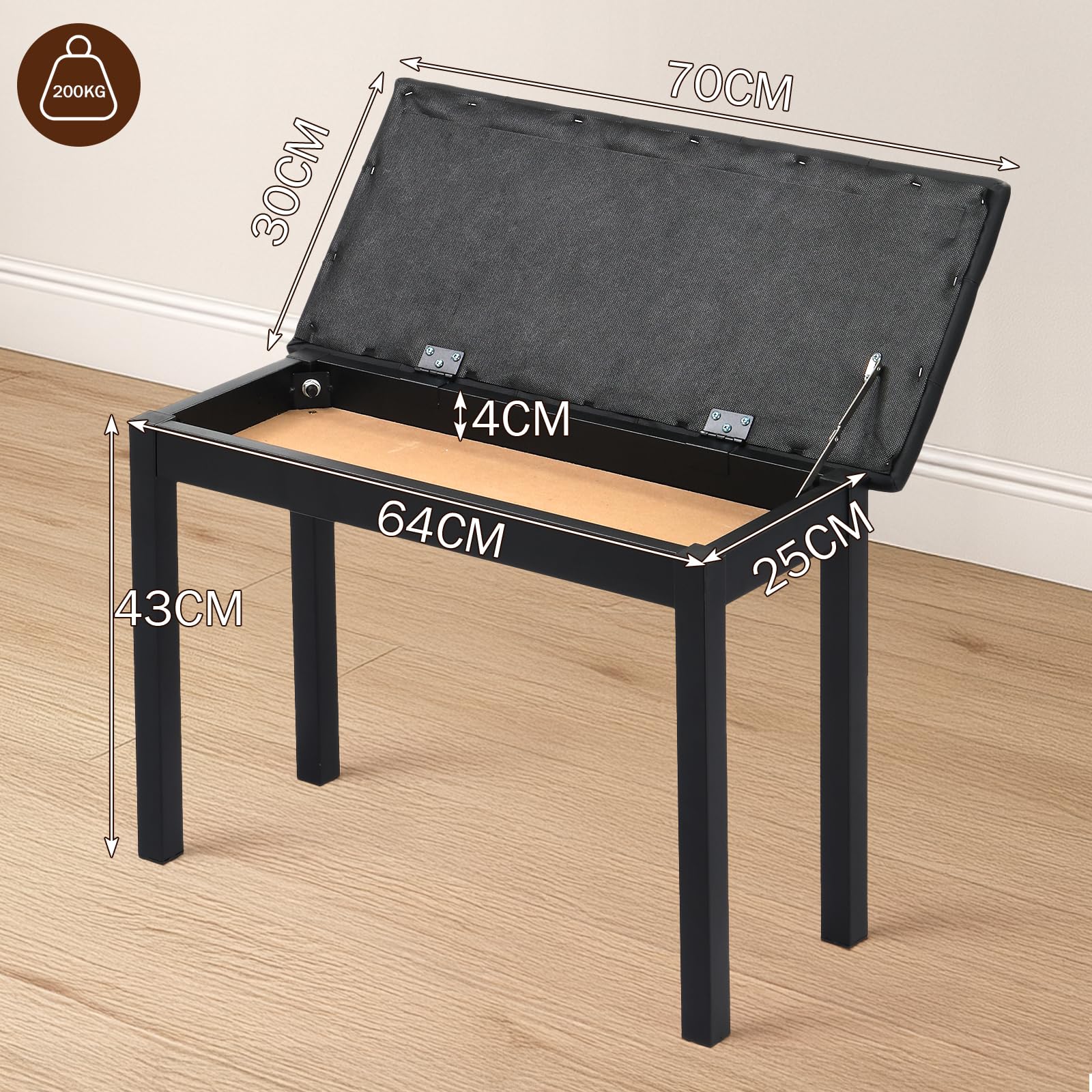 LEADZM Pianobank, Klavierhocker mit PU-Lederkissen und Eisenbeinen, Integrierter Stauraum, Maximale Tragkraft: 200 kg, 70x30x43, Schwarz