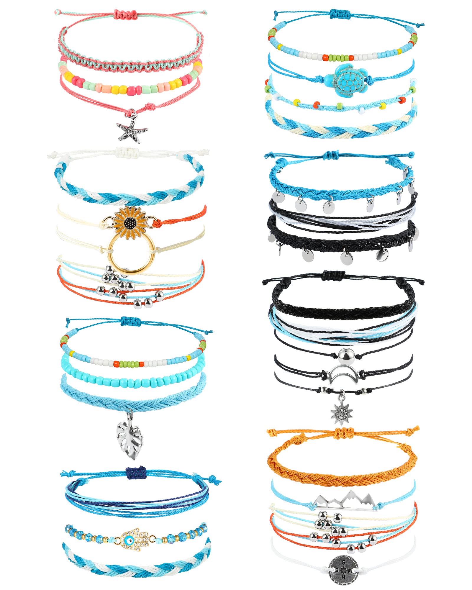 Hicarer29 Pieces Adjustable Surfer Wave Bracelet Summer Ocean Strand Bracelet Waterproof Handmade Friendship Bracelet Sunflower Shell Bracelets Anklets Jewelry for Women Teen Girls