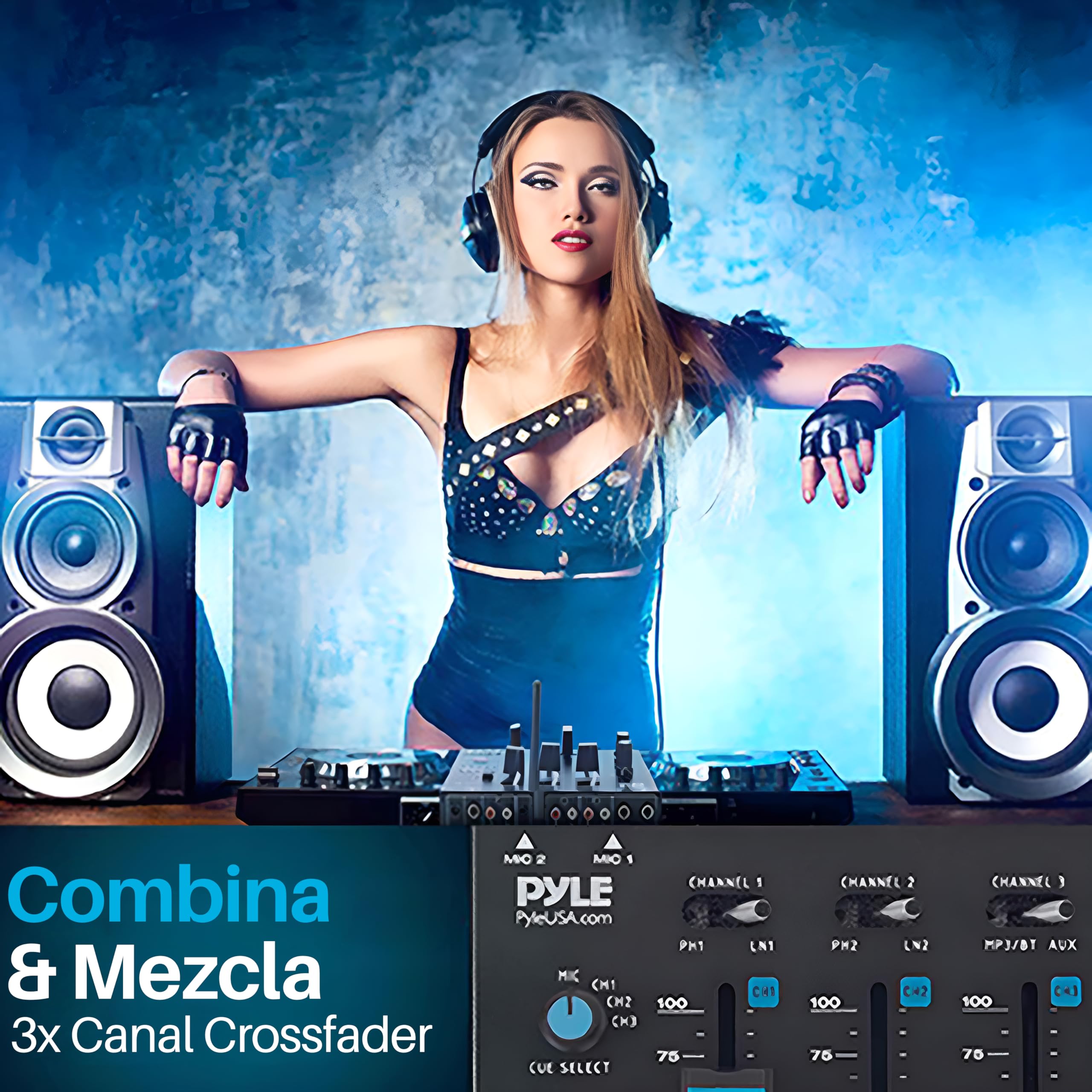 Pyle Mezclador de Audio para DJ, 3 Canales, Bluetooth, Lector de USB, Dual RCA/Phono, Entrada de microfono, Conector para Auriculares