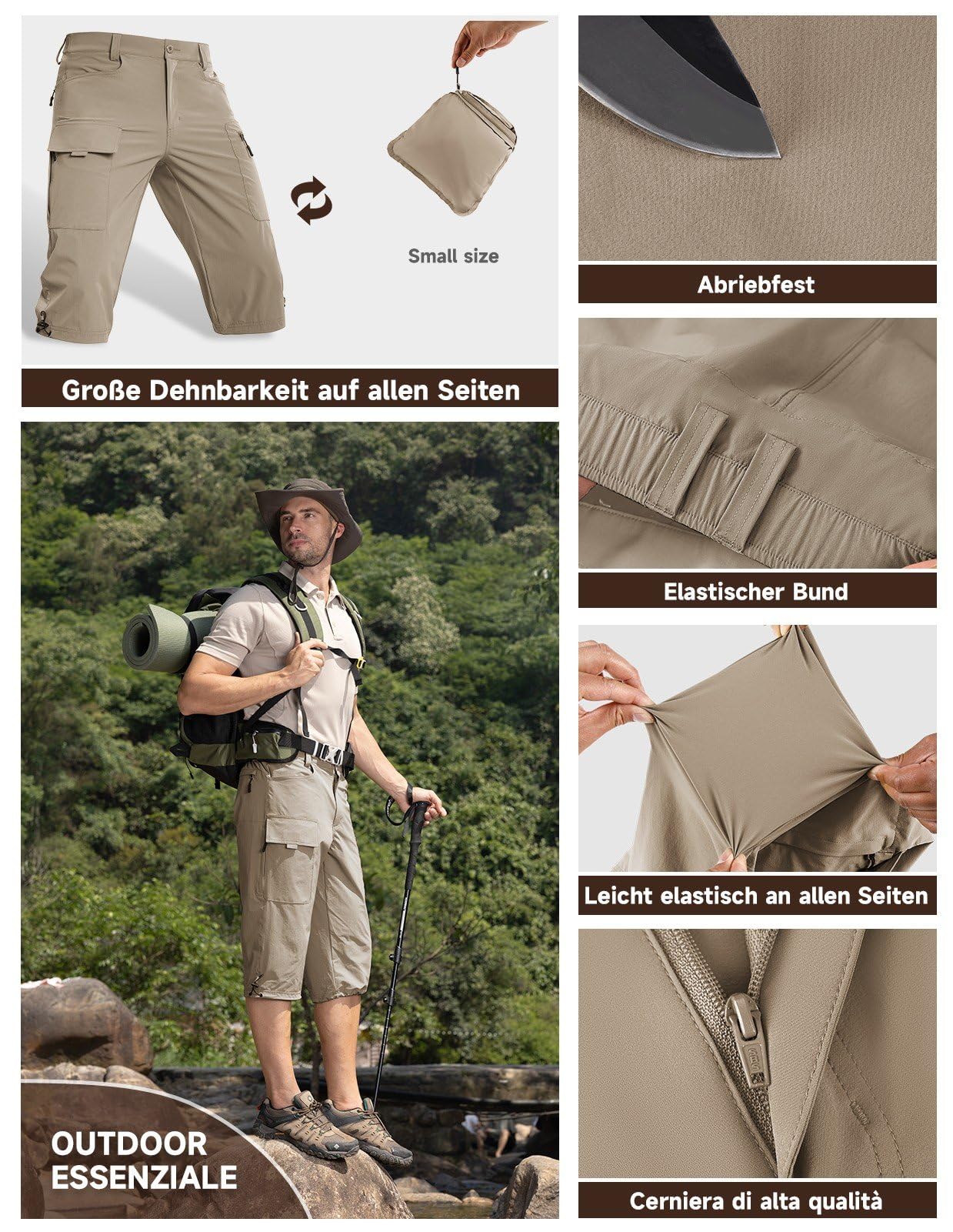 Moosehill Short 3/4 pour homme, cargo, bermuda, short de plein air, 6 poches, léger, imperméable, pantalon cargo, pantalon de randonnée, pantalon de travail, VTT, sports de plein air, short d'été