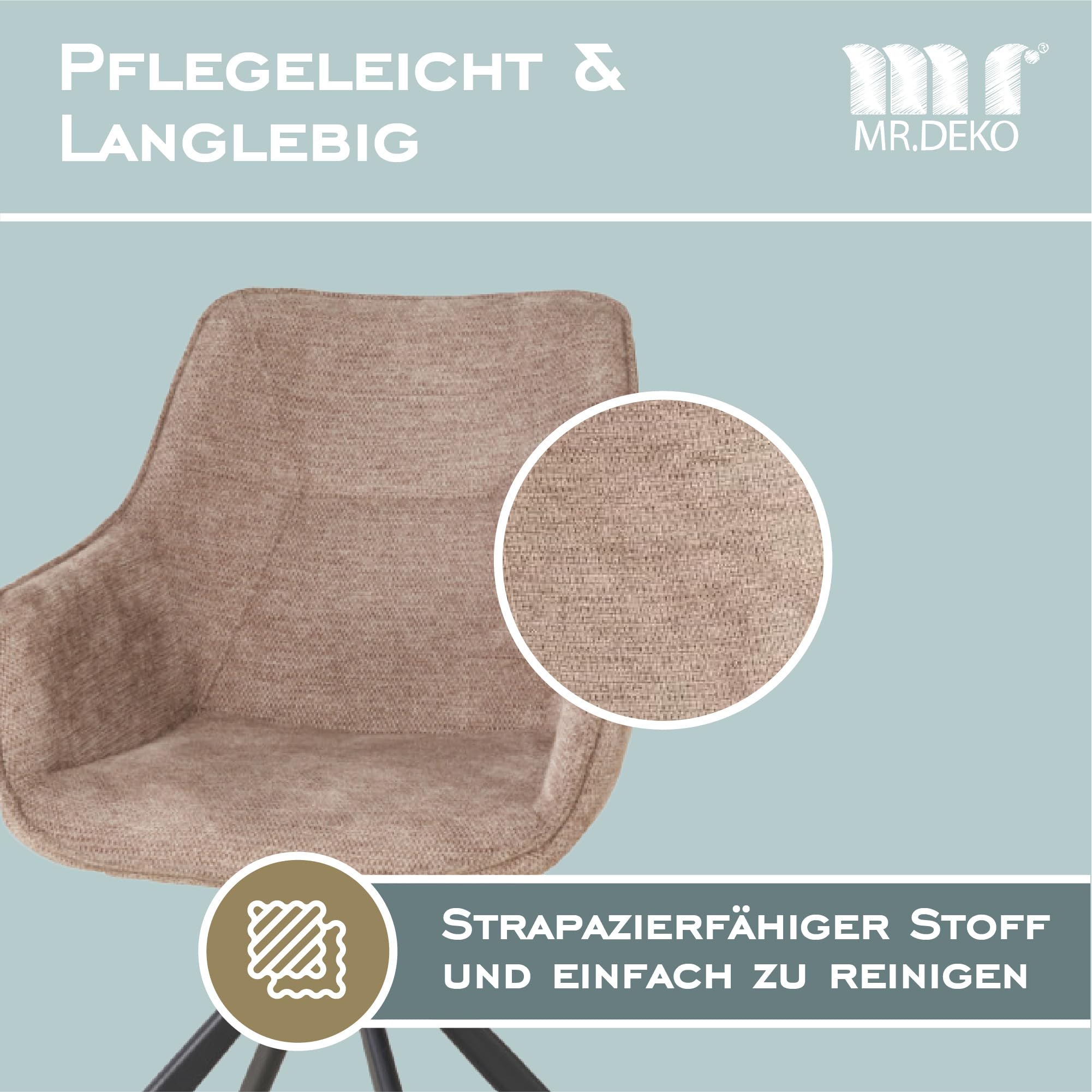 MR. DEKO Diningsessel 2-er Set San Carlo | drehbarer Esszimmerstuhl mit Armlehnen & Rückenlehne | 2 Moderne Polstersessel mit Schaumstoffkern | Drehstuhl 360 Grad | Essstuhl stabil und ergonomisch