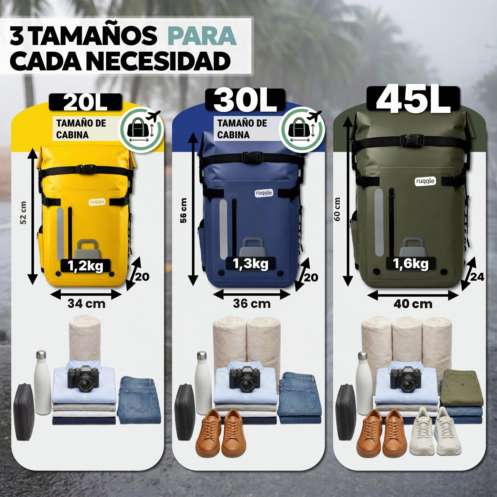Ruqqle Bolsa Estanca Impermeable 20/30/45L, Mochila Seca Versátil con 3 Bolsillos Externos, Cómoda para Playa, Mar, Barco, Canoa, Paddle Surf, Kayak, Moto, Senderismo, Camping, Pesca, Viaje y Ocio