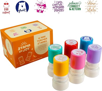 6 Self-Ink Flash Stamp Set, Multicolor Teacher Stamps for Classroom, Stamps for Teachers, Pre-Inked, Refillable Stamps Celebration Set