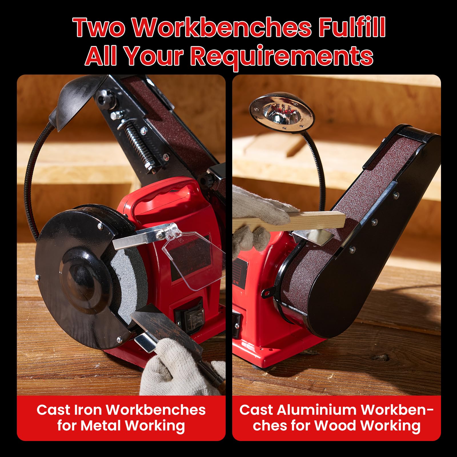 Stand-Bandschleifer, 2-in-1 Mini-Bandschleifer, 350 Watt, mit Bandschleifscheibenfunktion, LED-Licht, Funkengeschütztes Glas, Kabelgebunden, für Metall/Holz/Aluminium-Schleifarbeiten, Rot