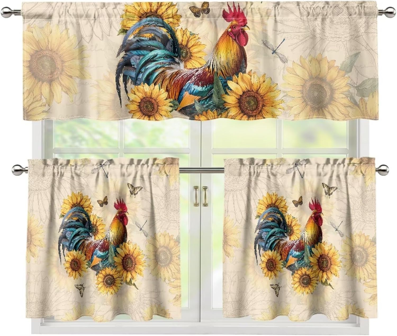 Rooster Pattern Kitchen Curtains 3 Piece Set Elegant Kitchen Curtains and Valances Set Stylish Shade Curtain Set for Home Decor Valance and Tier Curtain Sets for Living Room