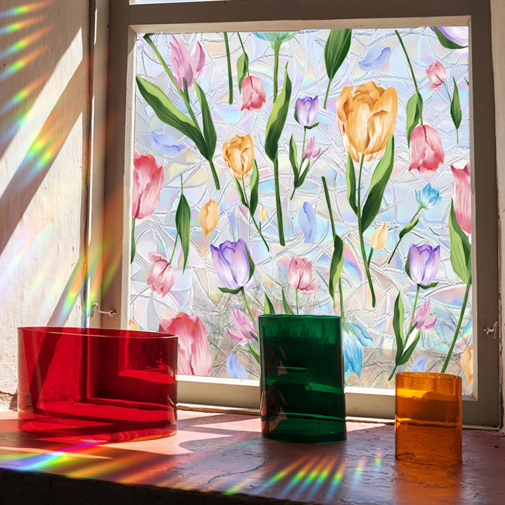 Amazon｜窓ガラスフィルム 3D立体感 チューリップ花柄 光より虹色変化