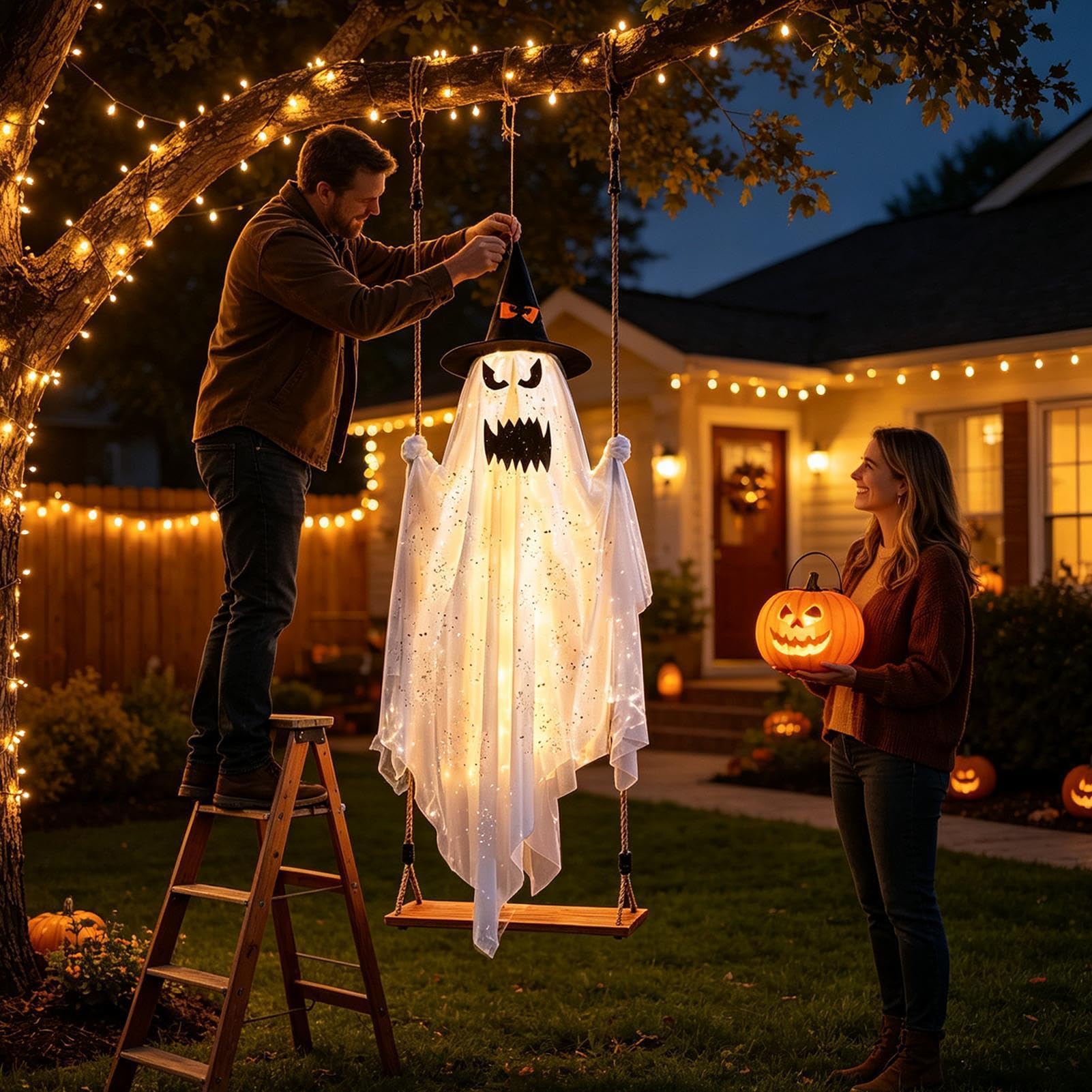 Light Up Swinging Ghost 120cm Halloween Garden Decor With Butterfly Hat