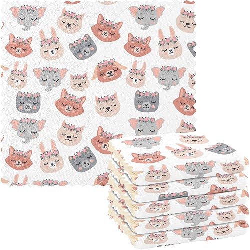 linqin Cute Sleeping Animals 6 Pack Absorbent Microfiber Kitchen Dish Towels Decor Soft Rags Reusable for Bathroom Oven