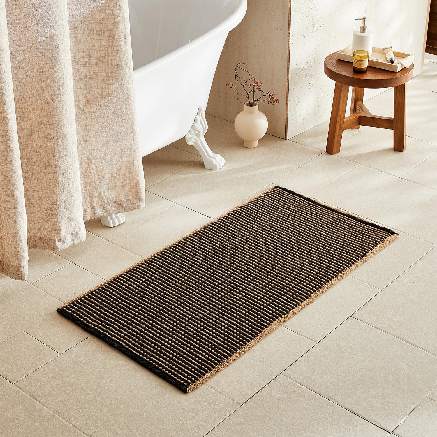 TYUU Waffle Bath Mat, Boho Bathroom Rugs Non Slip, 48x24 Khaki &amp; Black