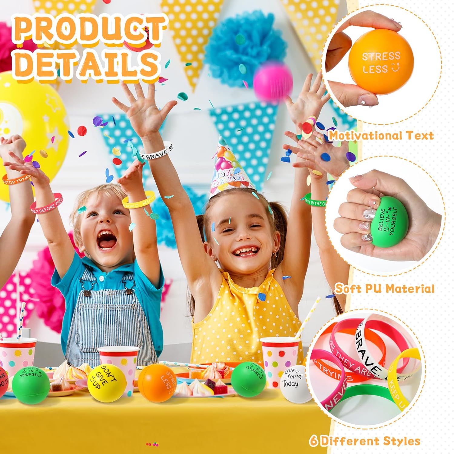 Shappy 144 Pcs Motivational Party Favor Includes 72 Stress Relief Motivational Stress Balls 1.97 Inch Mini Foam Balls 72 Inspirational Silicone Bracelets Quote Silicone Wristbands (Bright Color)