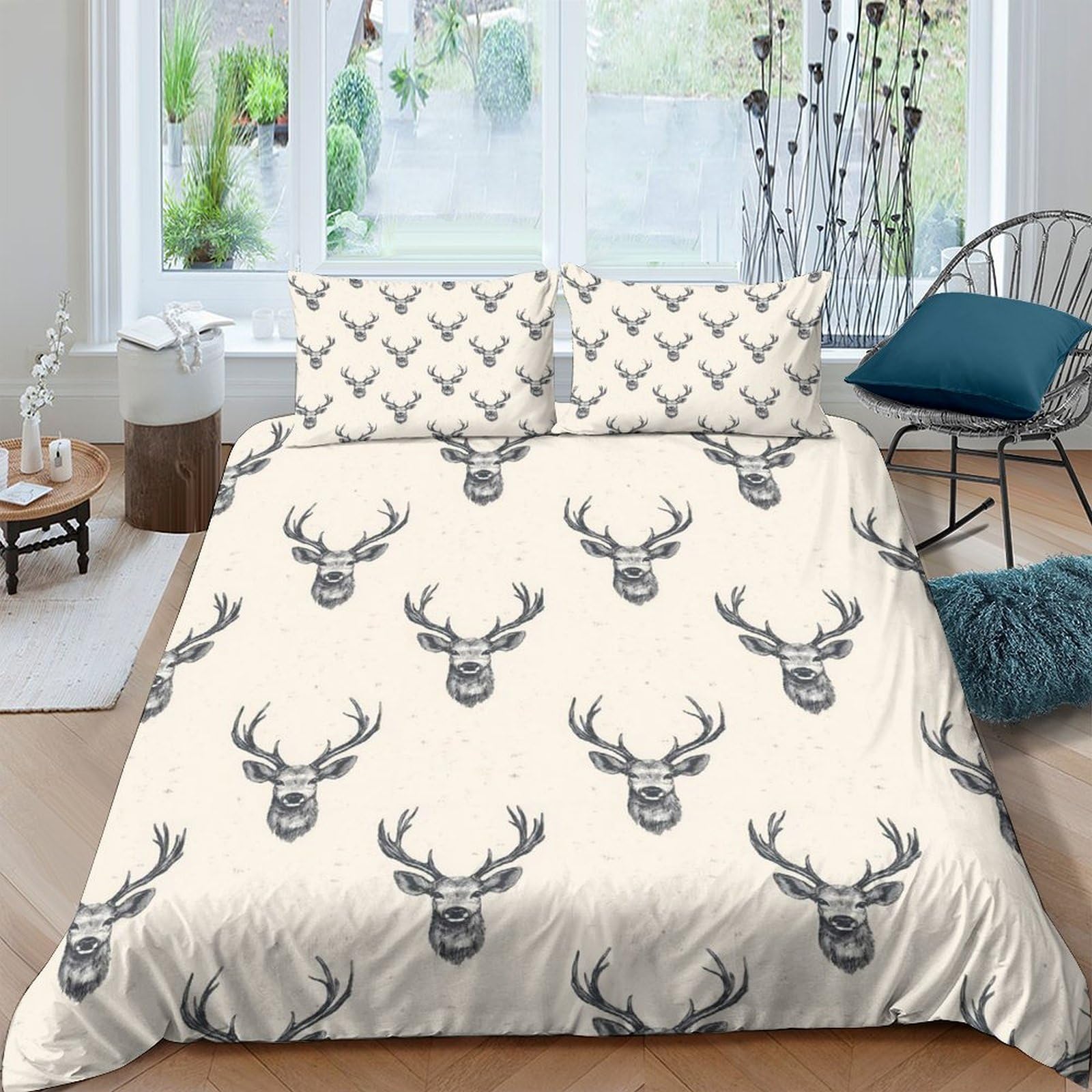 GPLZQXKJNH 3D Printed Deer Antler Pattern Duvet Cover Microfiber Beige Quilt Cover Set with 2 Pillowcases for Bedroom Decor Single（135x200cm）