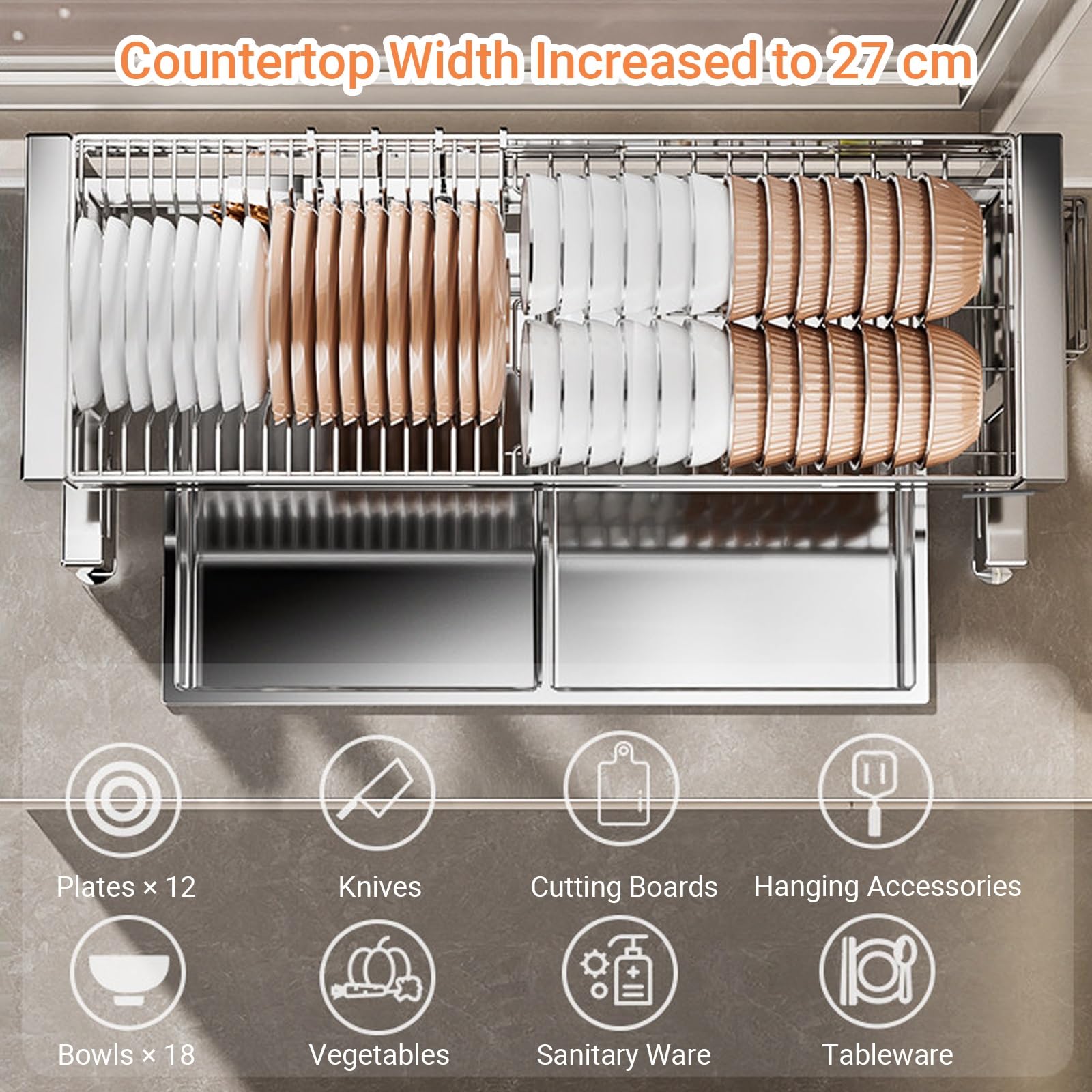 Escurridor de platos de acero inoxidable, organizador de vajilla de cocina de acero inoxidable, almacenamiento que ahorra espacio para platos, cuencos, vasos, cubiertos, solución de organización de