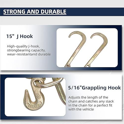 Miniatura 3 de BATONECO Cadena de remolque G70 de 516 pulgadas x 2 pies, brida en V con ganchos en J de vástago largo de 15 pulgadas y ganchos de agarre, cadena de