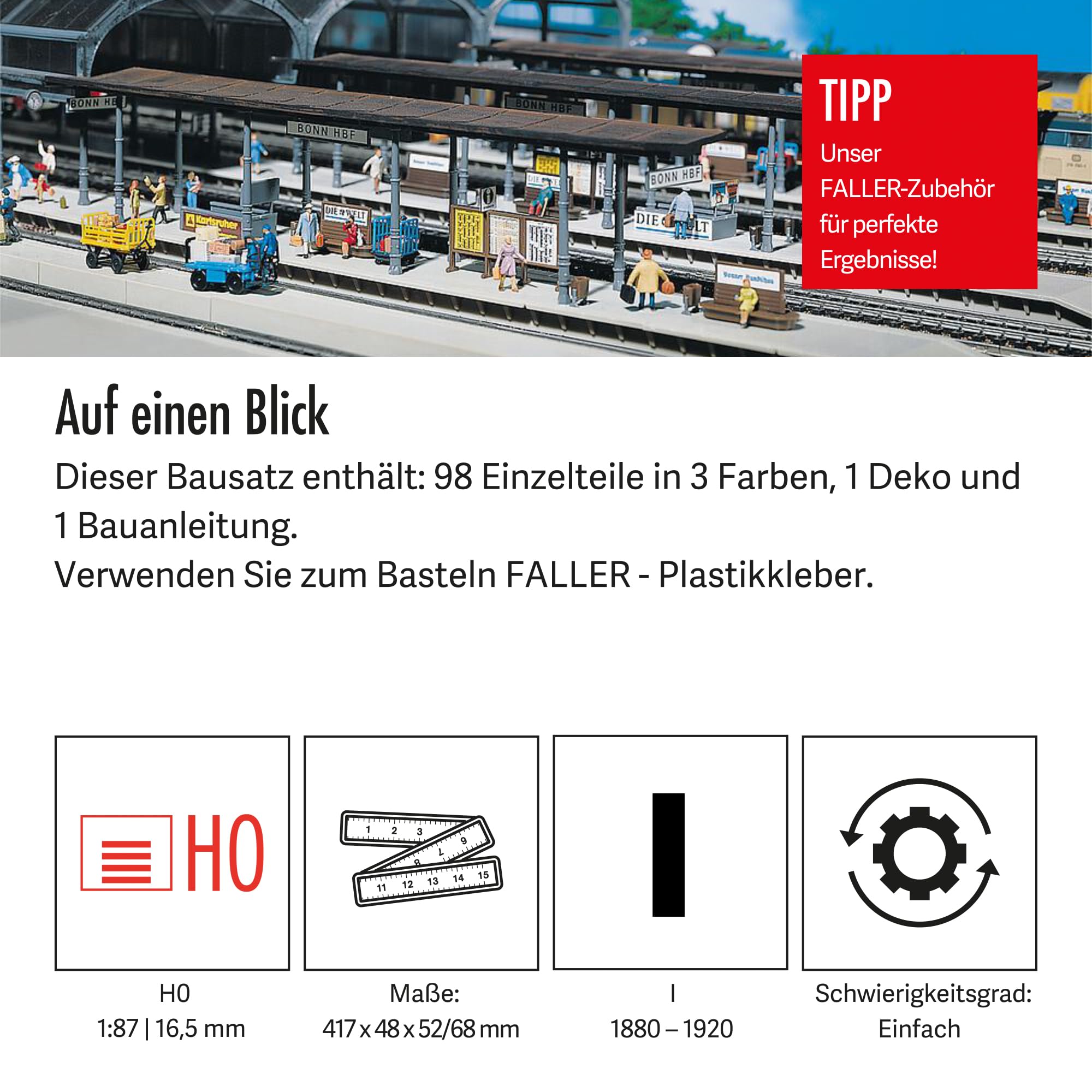 FALLER 2 Bahnsteige Modellbausatz mit 98 Einzelteilen 417 x 48 x 52/68 mm I Modelleisenbahn Zubehör H0 Gebäude I Modelleisenbahn H0 Bahnsteige