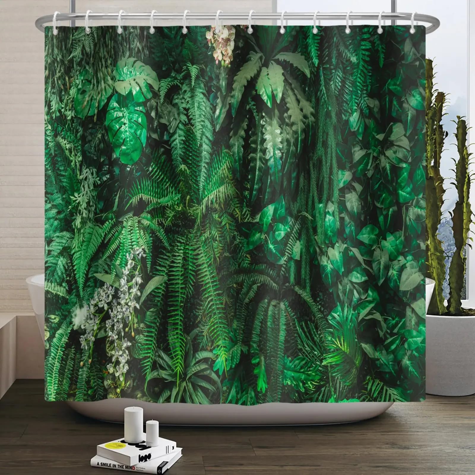Rideau de douche vert forêt tropicale 220x190cm anti-moisissure en tissu imperméable