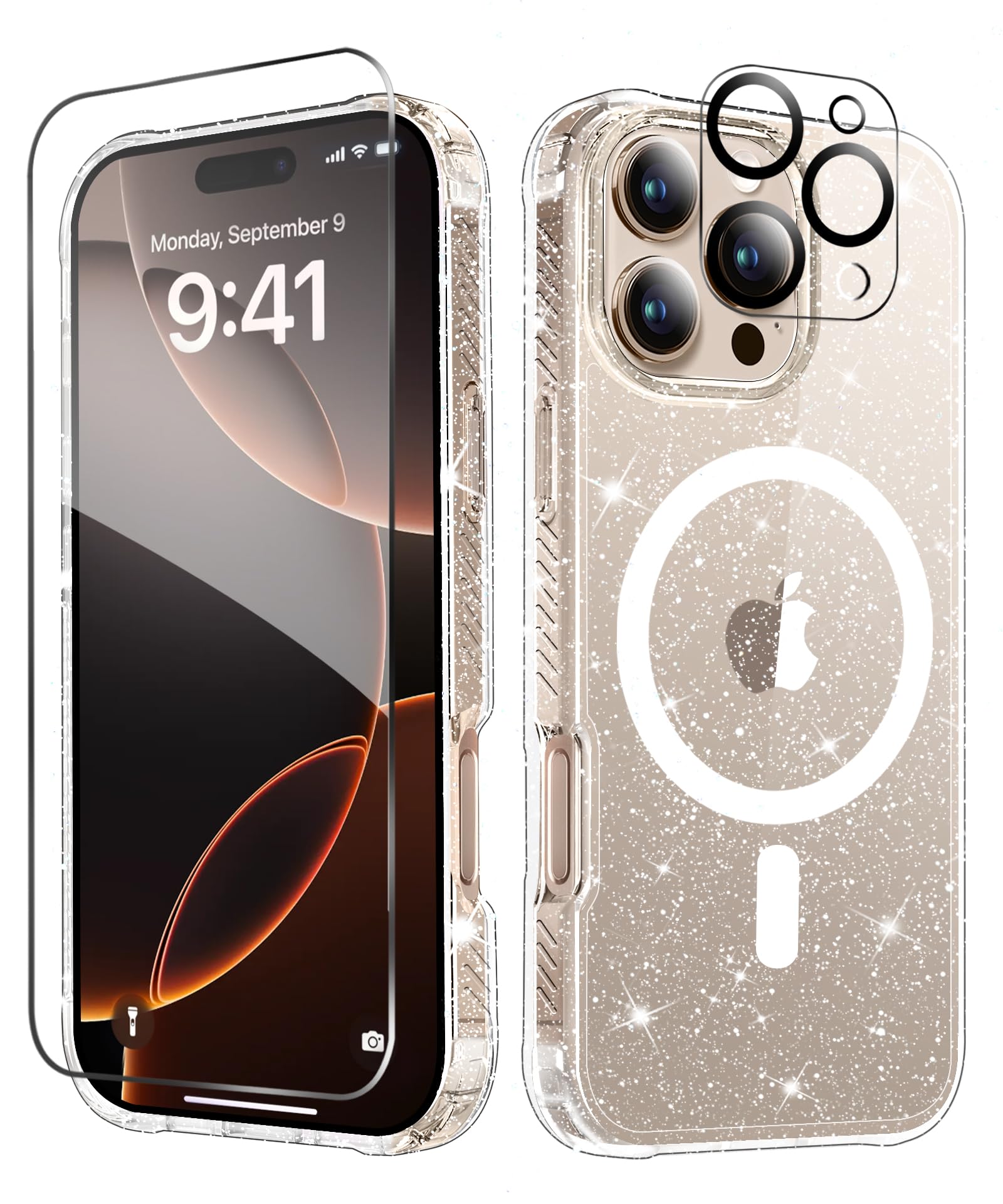 MIODIK Compatible with iPhone 16 Pro Max Case, with Screen Protector + Camera Lens Protector, [Design for Magsafe] Clear Glitter Phone Case, Women